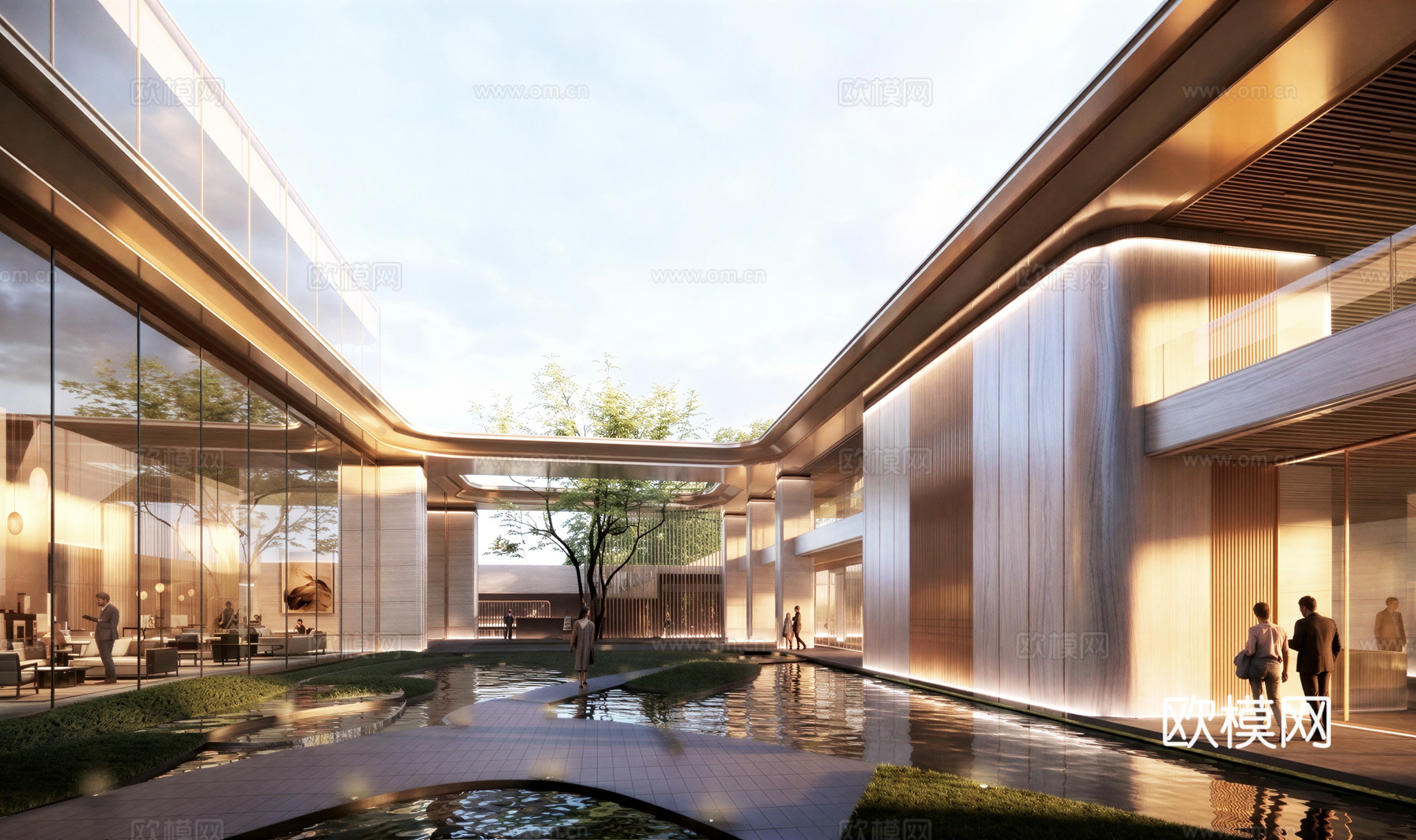 小区入口下沉庭院 示范区下沉会所 下沉水苑su模型