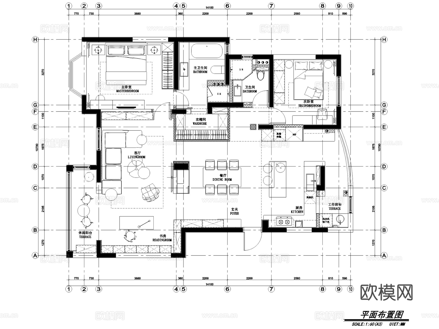 上海浦江茗园16-402现代室内家装CAD施工图+SU模型cad施工图