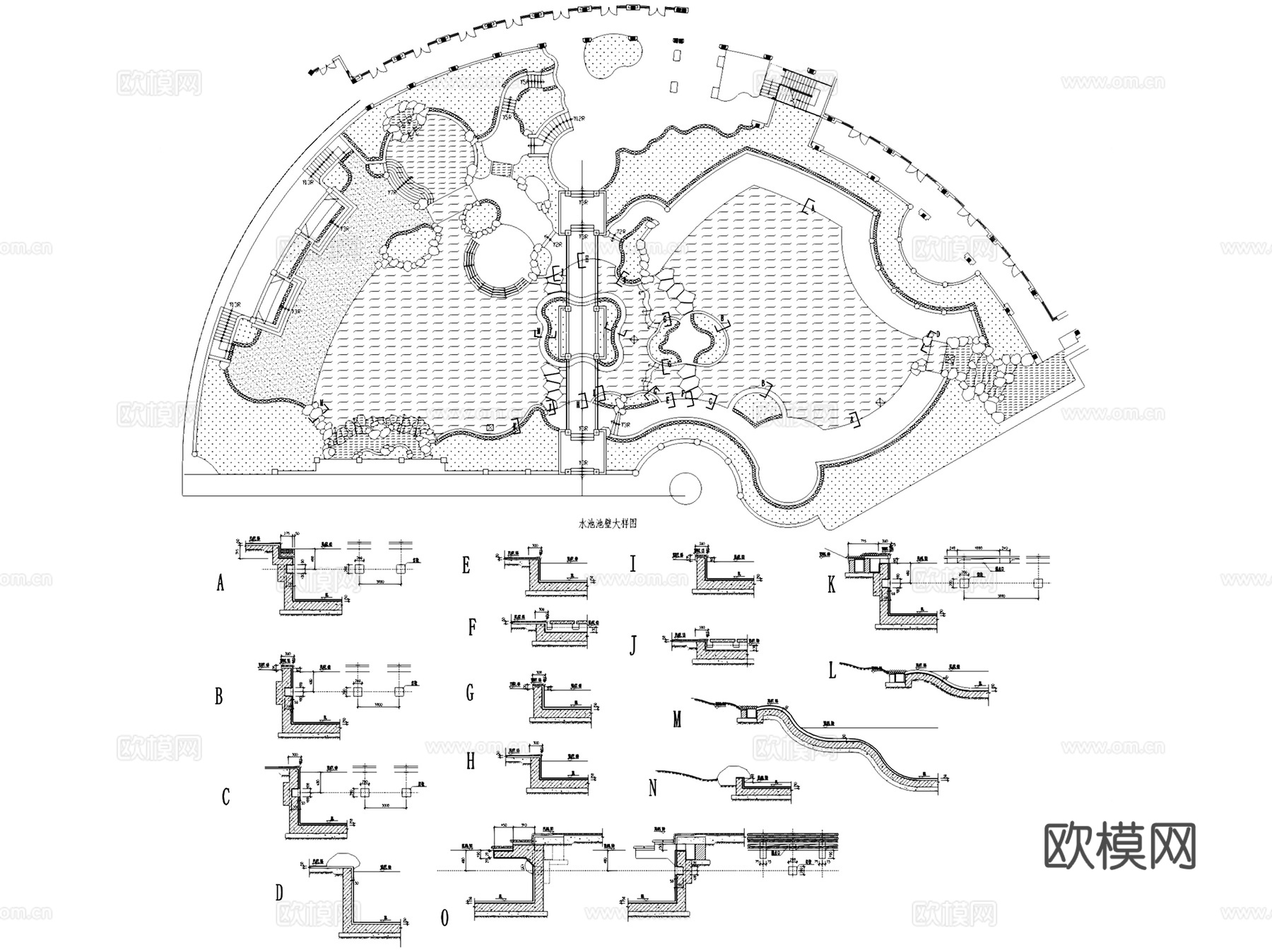 水池跌水叠水喷泉景观水景节点大样CAD施工图集 60套cad施工图