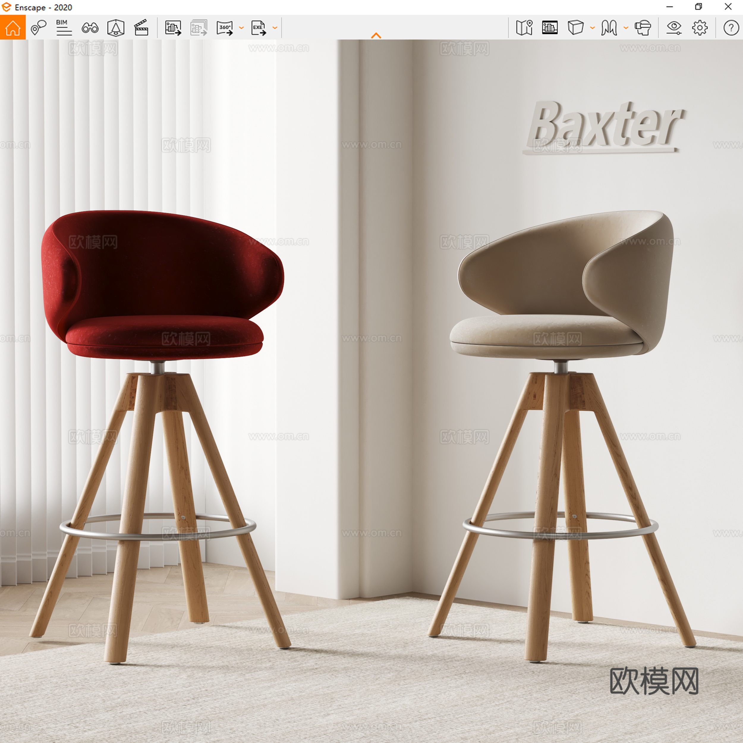 Baxter现代休闲椅 吧椅 布艺椅子su模型