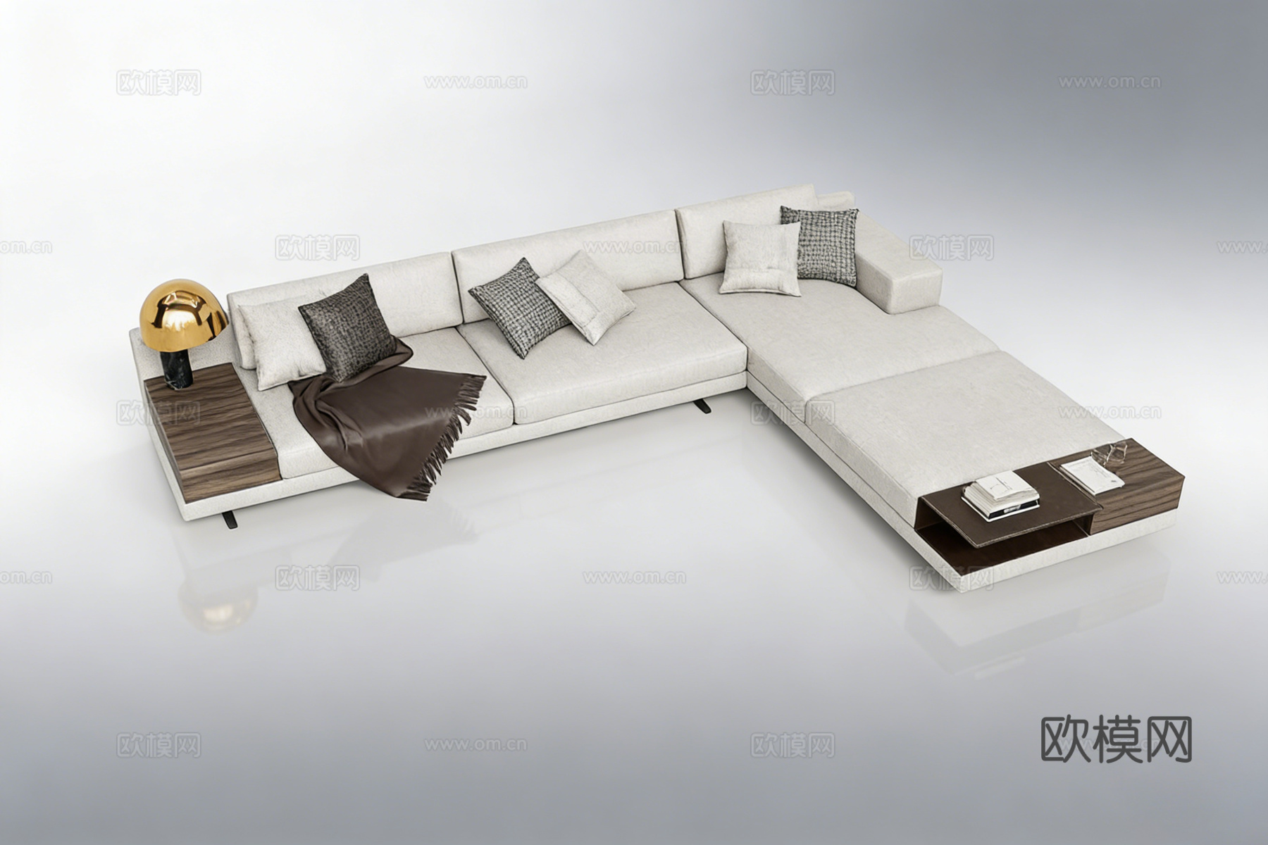 现代简约布艺L型沙发 米白色 含木质边几 金色台灯 抱枕毛毯su模型