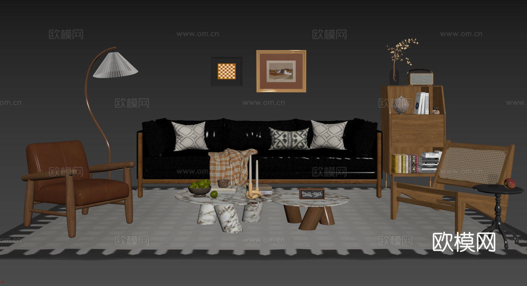 法式复古沙发组合 单人沙发 休闲椅 茶几 落地灯 装饰画su模型