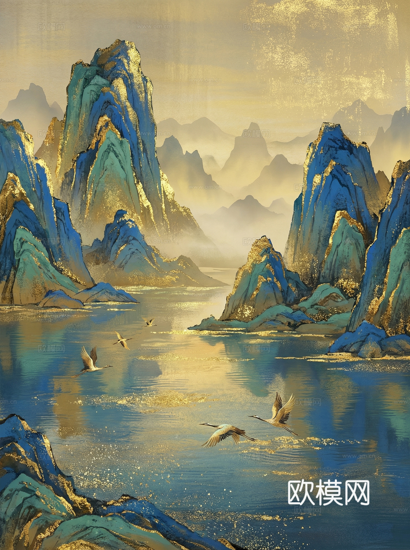 新中式民俗风景装饰画 金色风景画