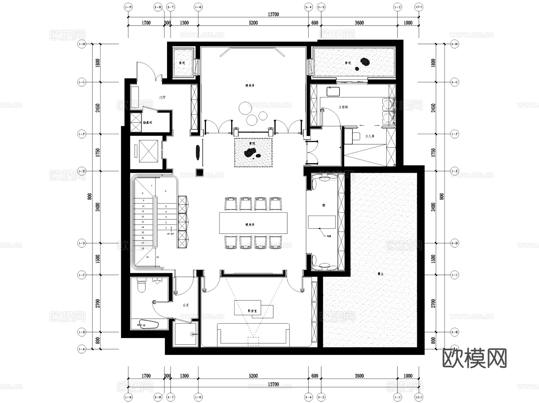 北京旭辉瀛海合院样板房中式二层别墅复式挑空室内家装CADcad施工图