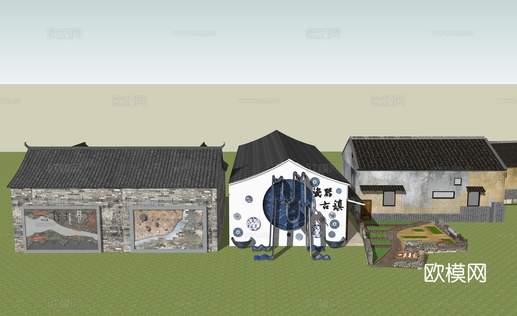 乡村墙面景墙su模型