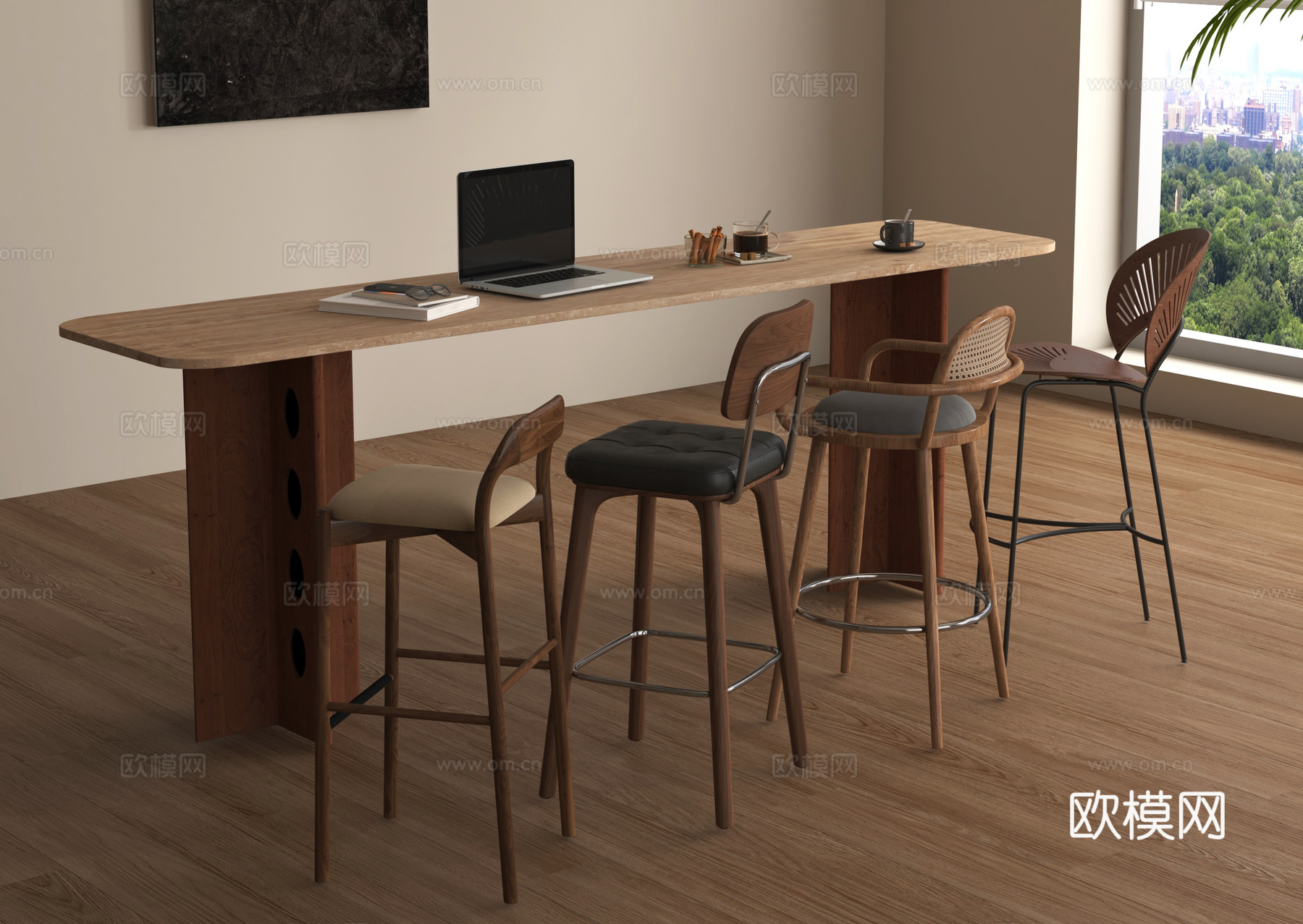 中古风咖啡厅吧台 吧椅 餐桌椅su模型