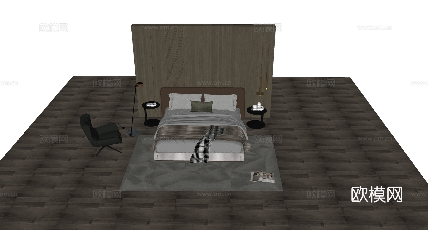 现代简约卧室 深棕色皮革床头 三盏金色吊灯 黑色旋转椅 暖色su模型下载（渲染图3）
