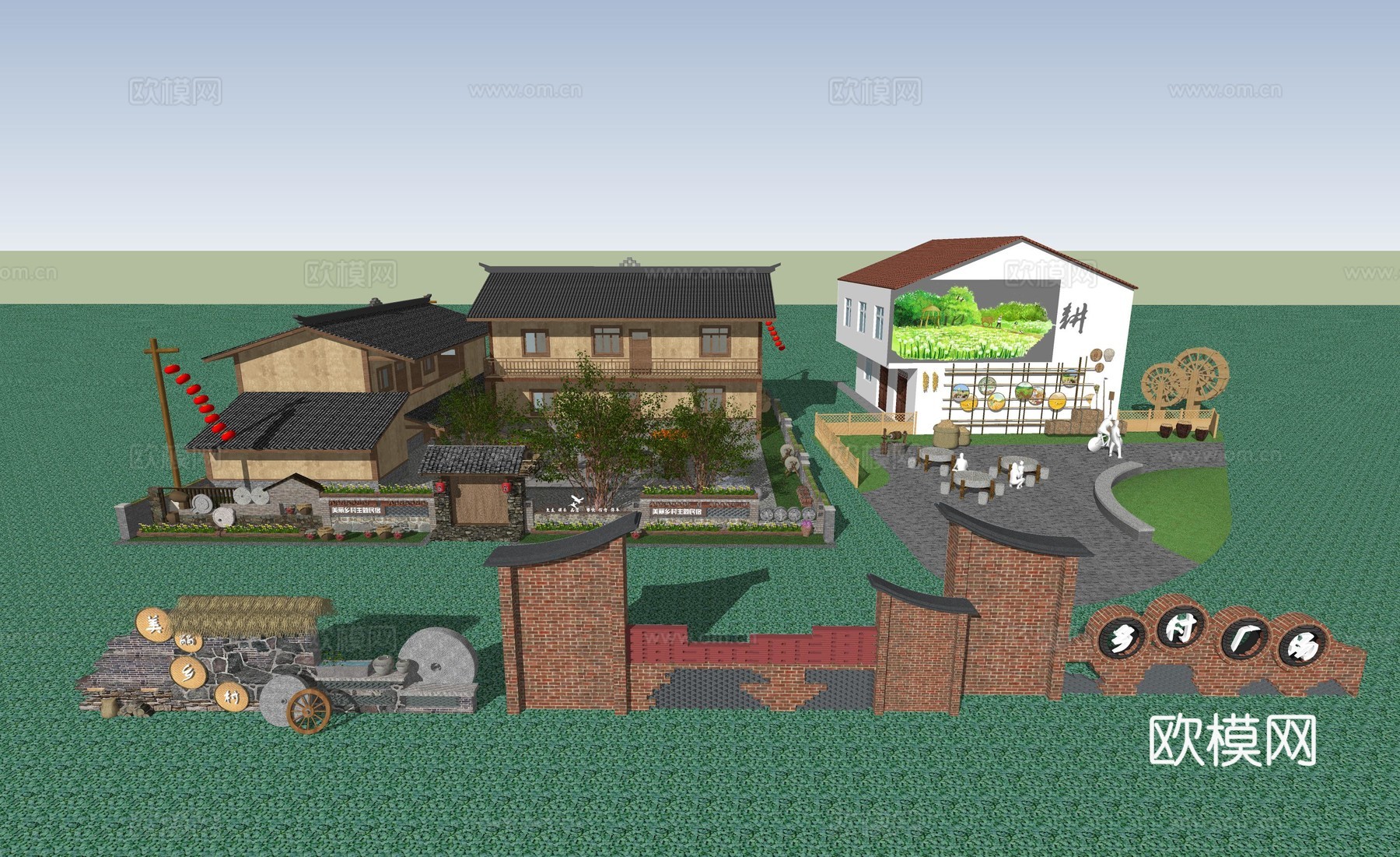 乡村墙面景墙su模型