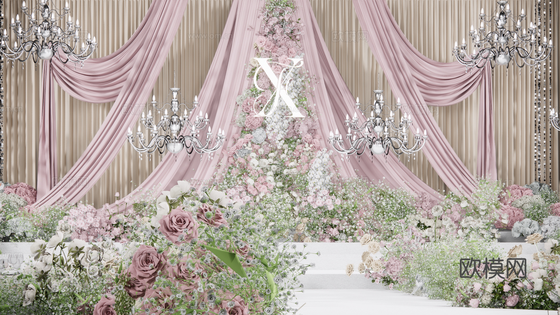 简约大气粉白布幔婚礼美陈花艺su模型