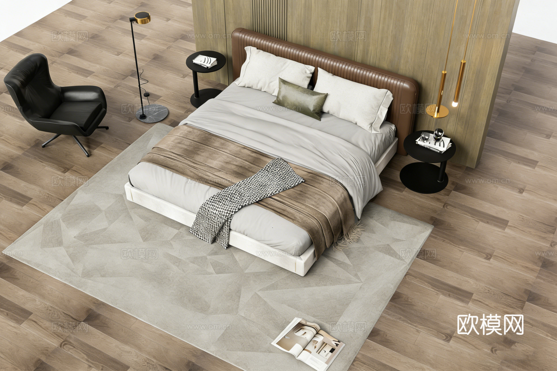 现代简约卧室 深棕色皮革床头 三盏金色吊灯 黑色旋转椅 暖色su模型下载（渲染图1）