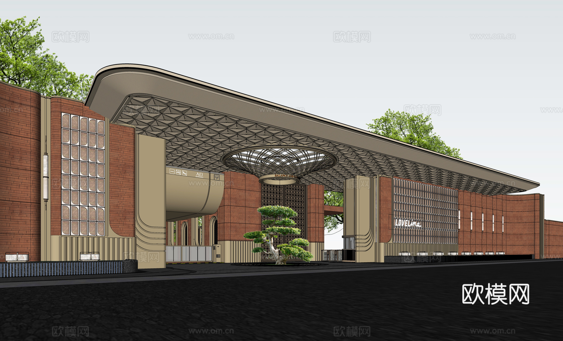 住宅小区入口大门 红砖建筑su模型