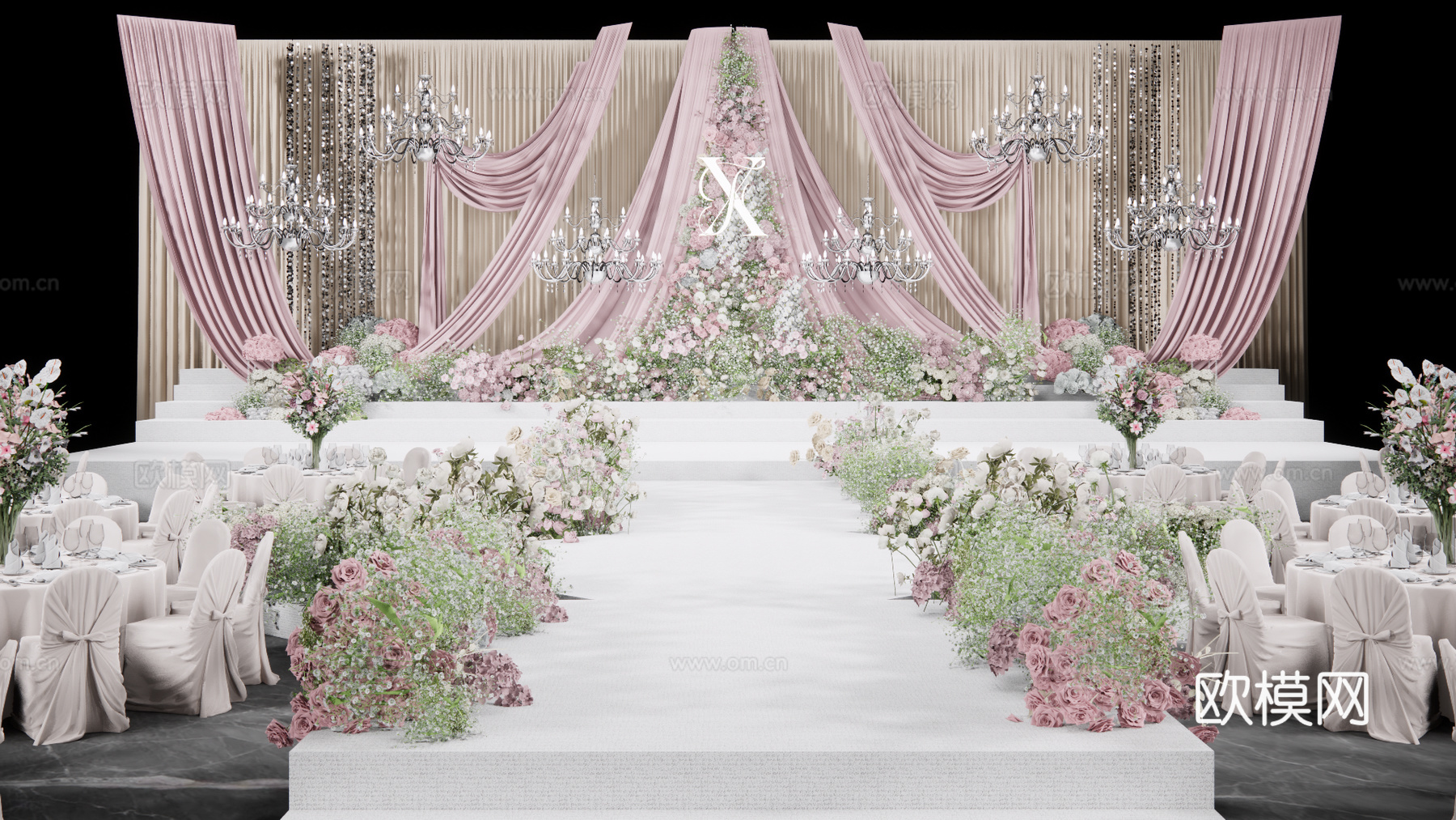 简约大气粉白布幔婚礼美陈花艺su模型