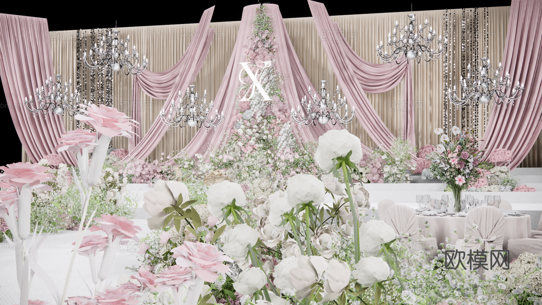 简约大气粉白布幔婚礼美陈花艺su模型