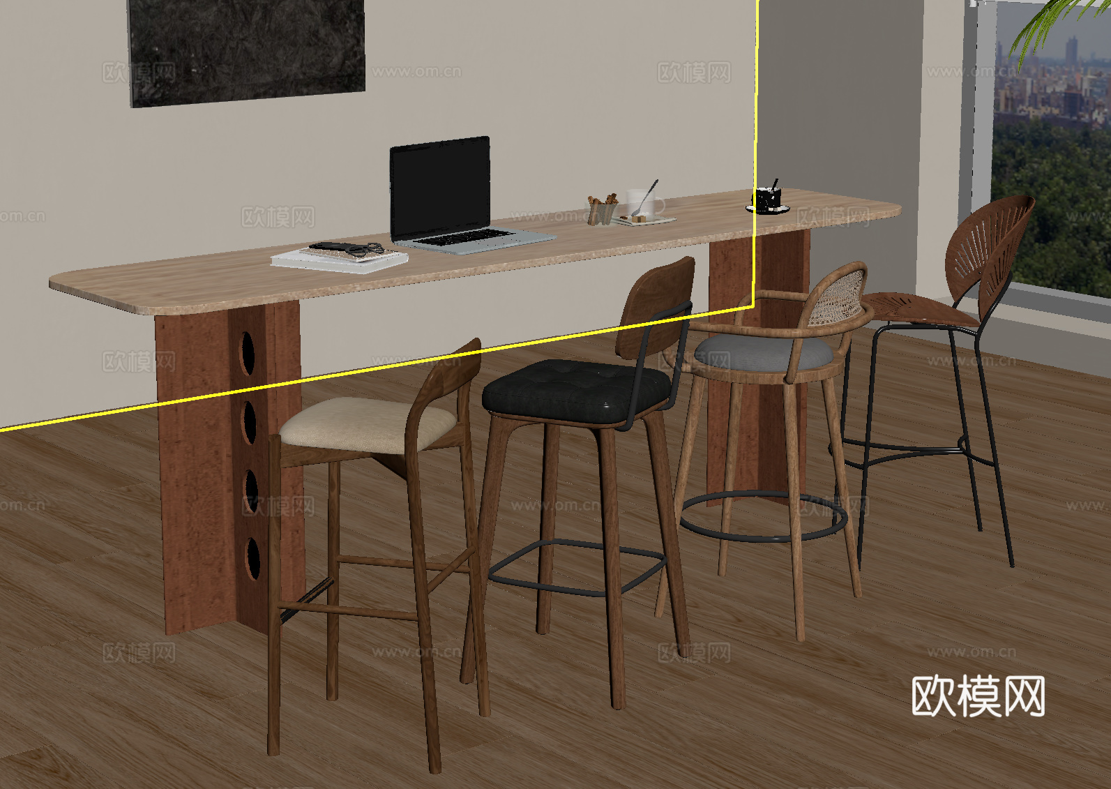 中古风咖啡厅吧台 吧椅 餐桌椅su模型