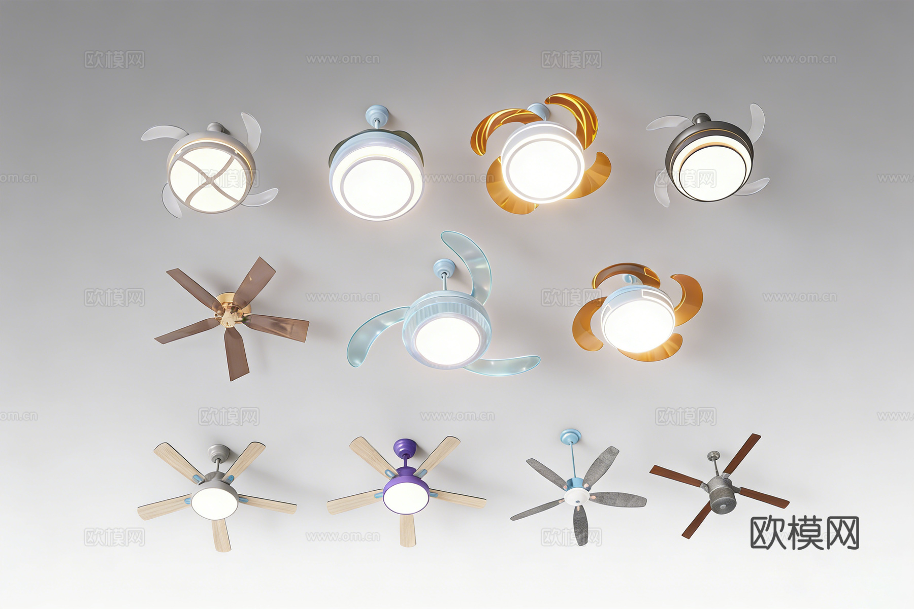 现代简约风扇灯 木质金属无叶   客厅餐厅卧室吊扇灯su模型