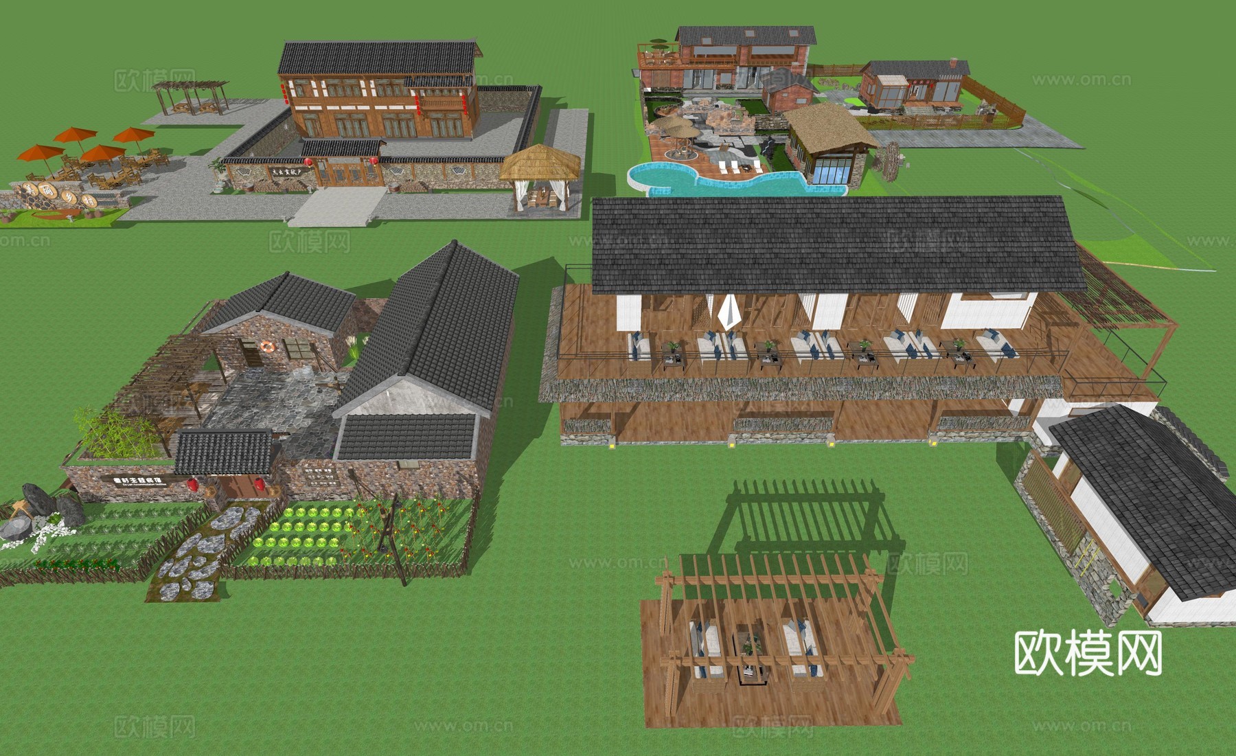 中式乡村田园民宿_农家土房客栈_美丽乡村农家乐su模型su模型