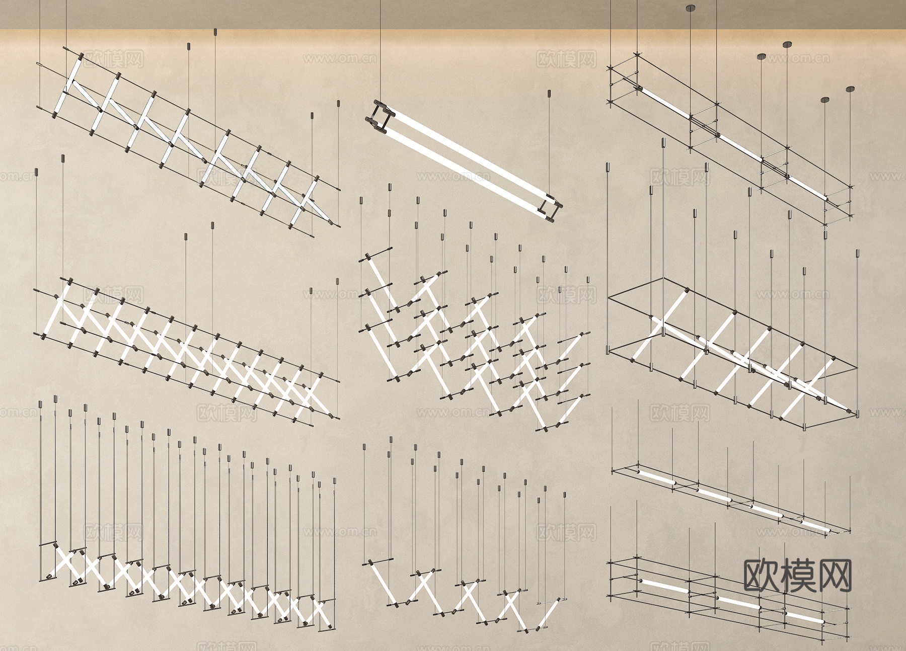 现代吊灯组合 马扎灯 长条灯 金属吊灯su模型