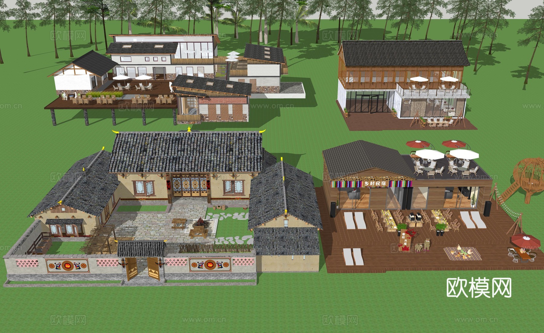 中式乡村田园民宿_农家土房客栈_美丽乡村农家乐su模型