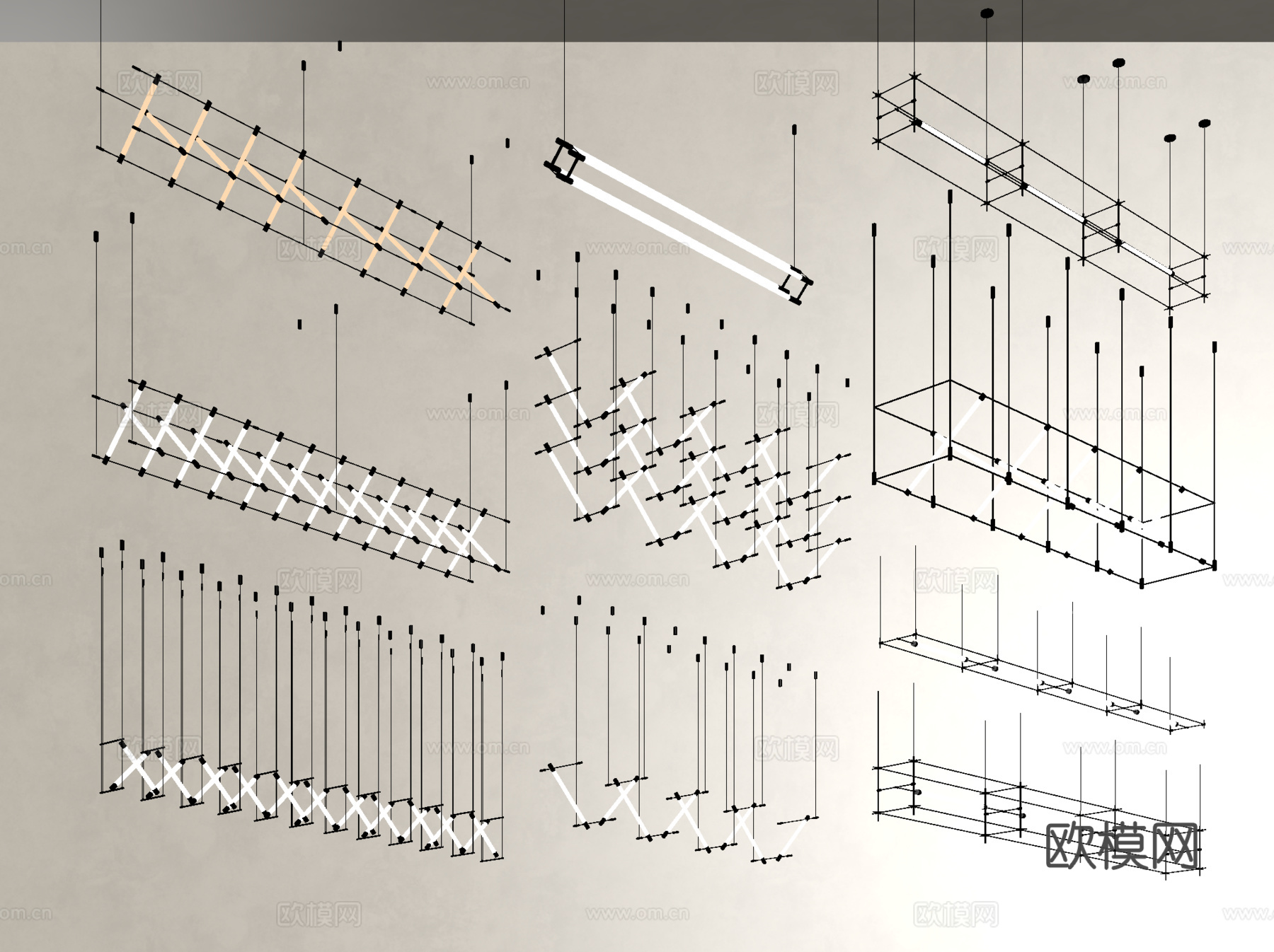 现代吊灯组合 马扎灯 长条灯 金属吊灯su模型