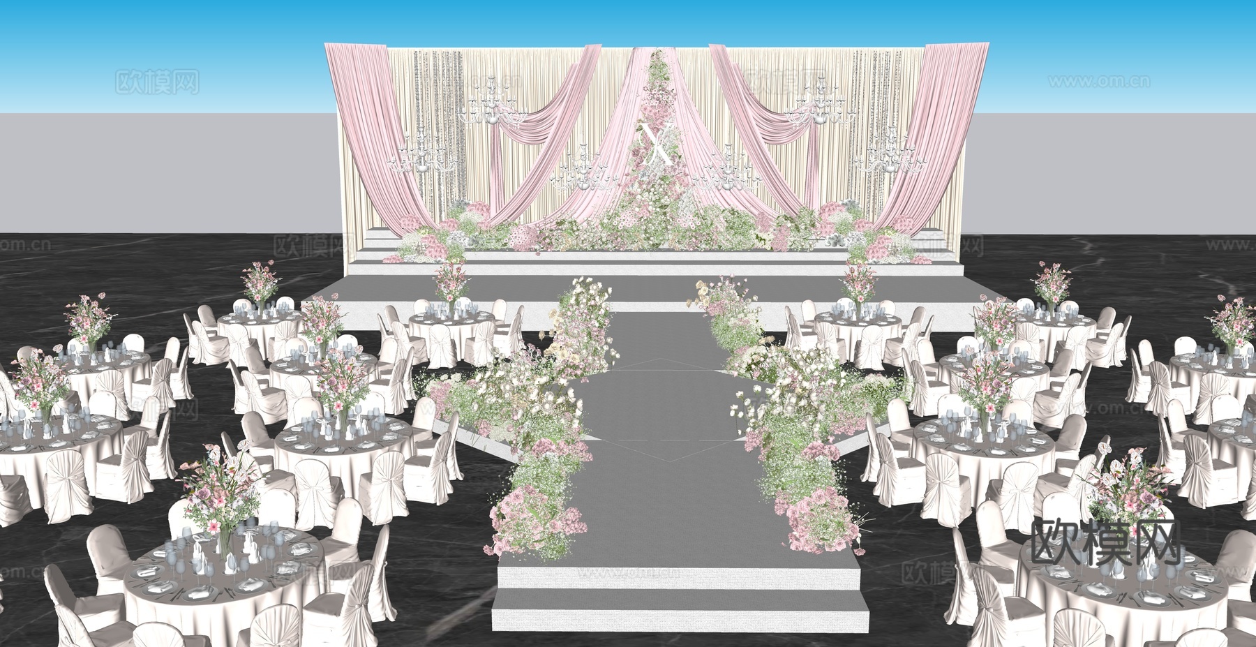 简约大气粉白布幔婚礼美陈花艺su模型