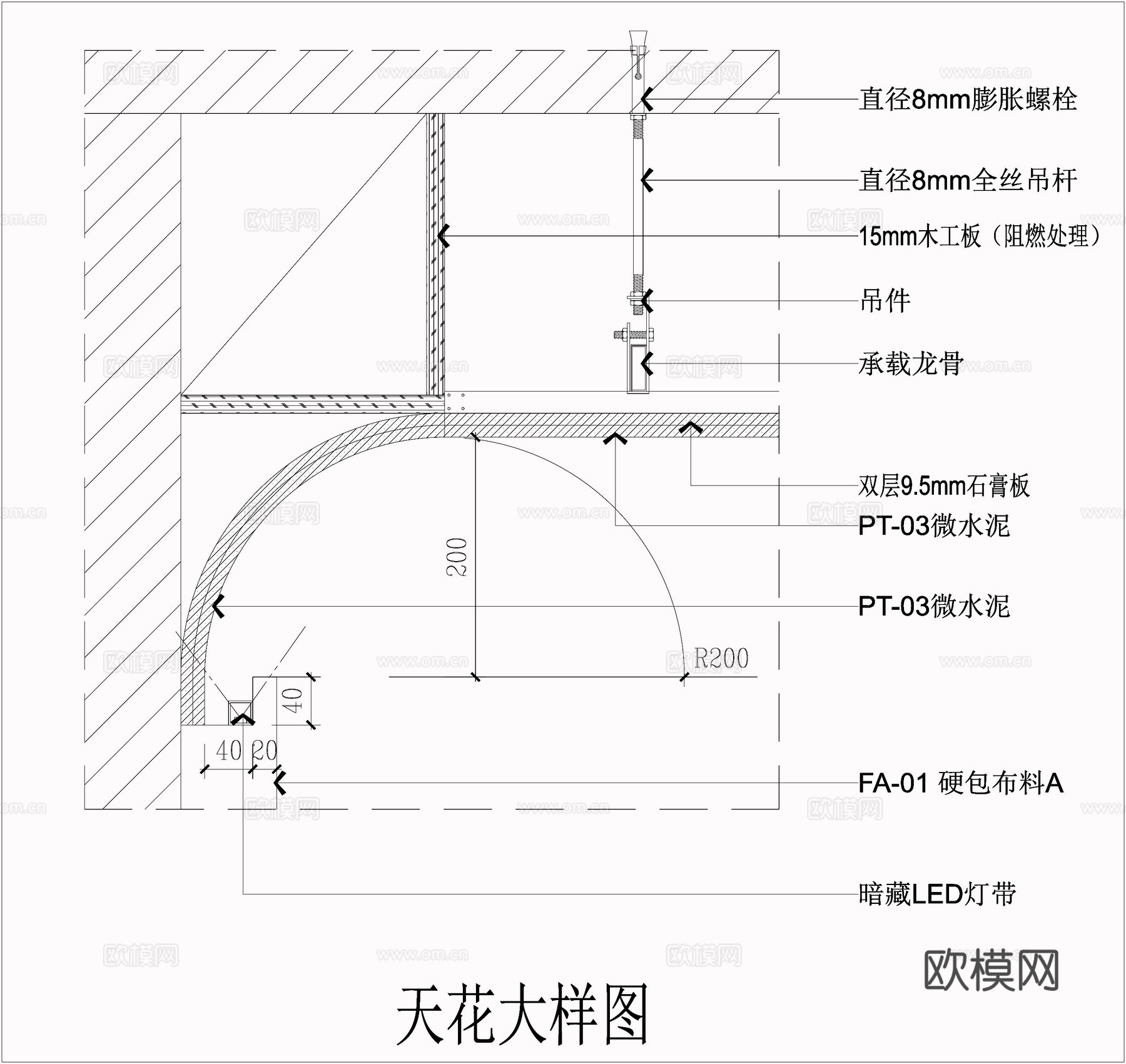 现代吊顶 顶面节点 吊顶节点 弧形天花板 石膏板吊顶cad施工图