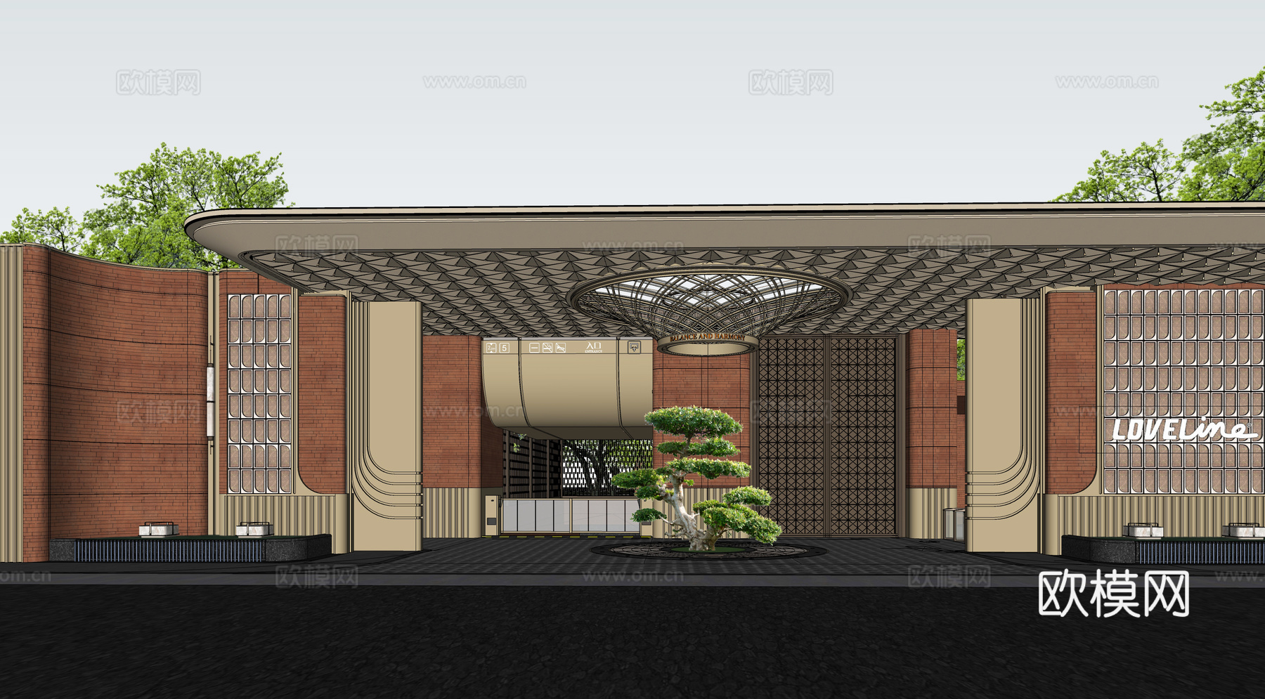 住宅小区入口大门 红砖建筑su模型