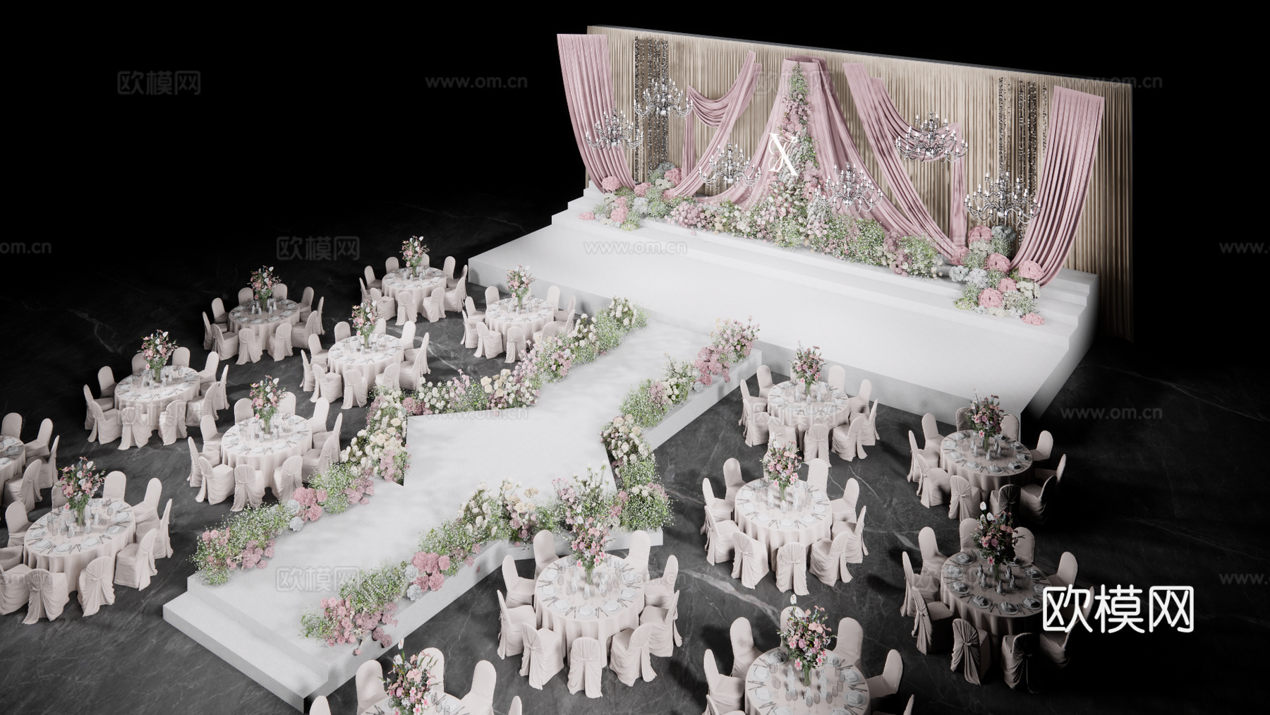 简约大气粉白布幔婚礼美陈花艺su模型