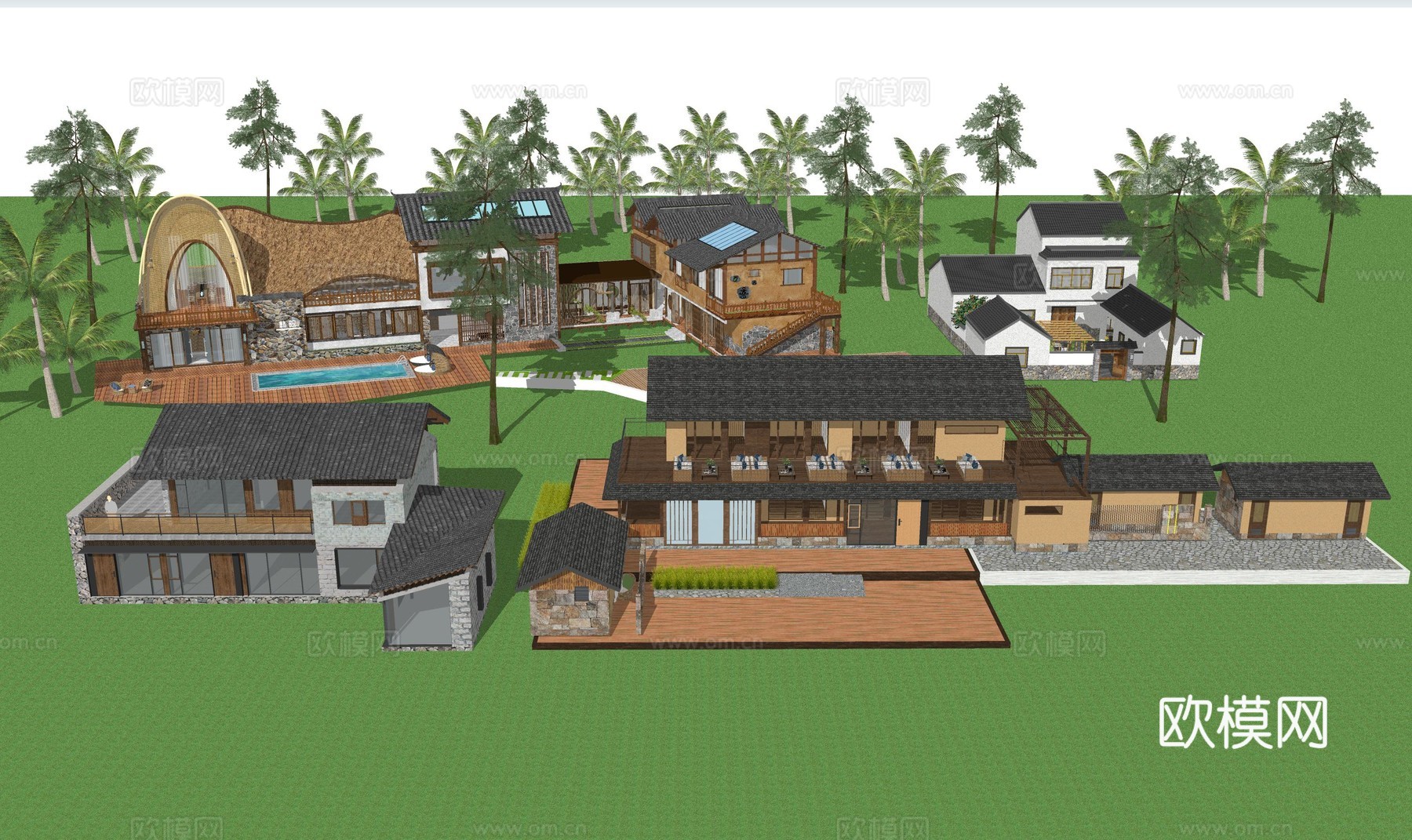 中式乡村田园民宿_农家土房客栈_美丽乡村农家乐su模型