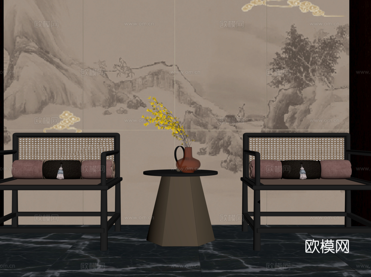 新中式休闲桌椅su模型