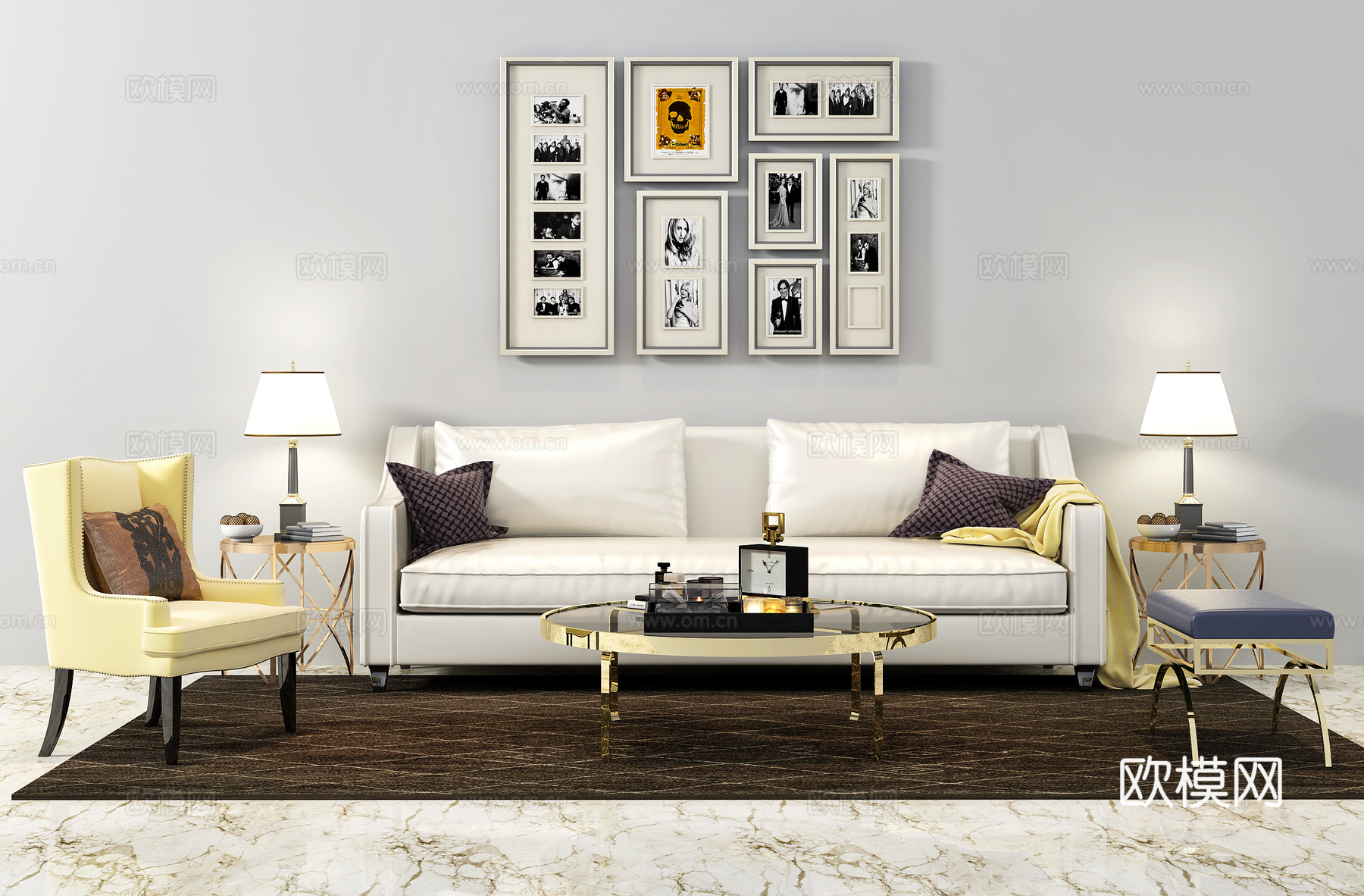 现代双人沙发 单椅 茶几 摆件 照片墙 台灯  休闲椅3d模型下载（渲染图1）