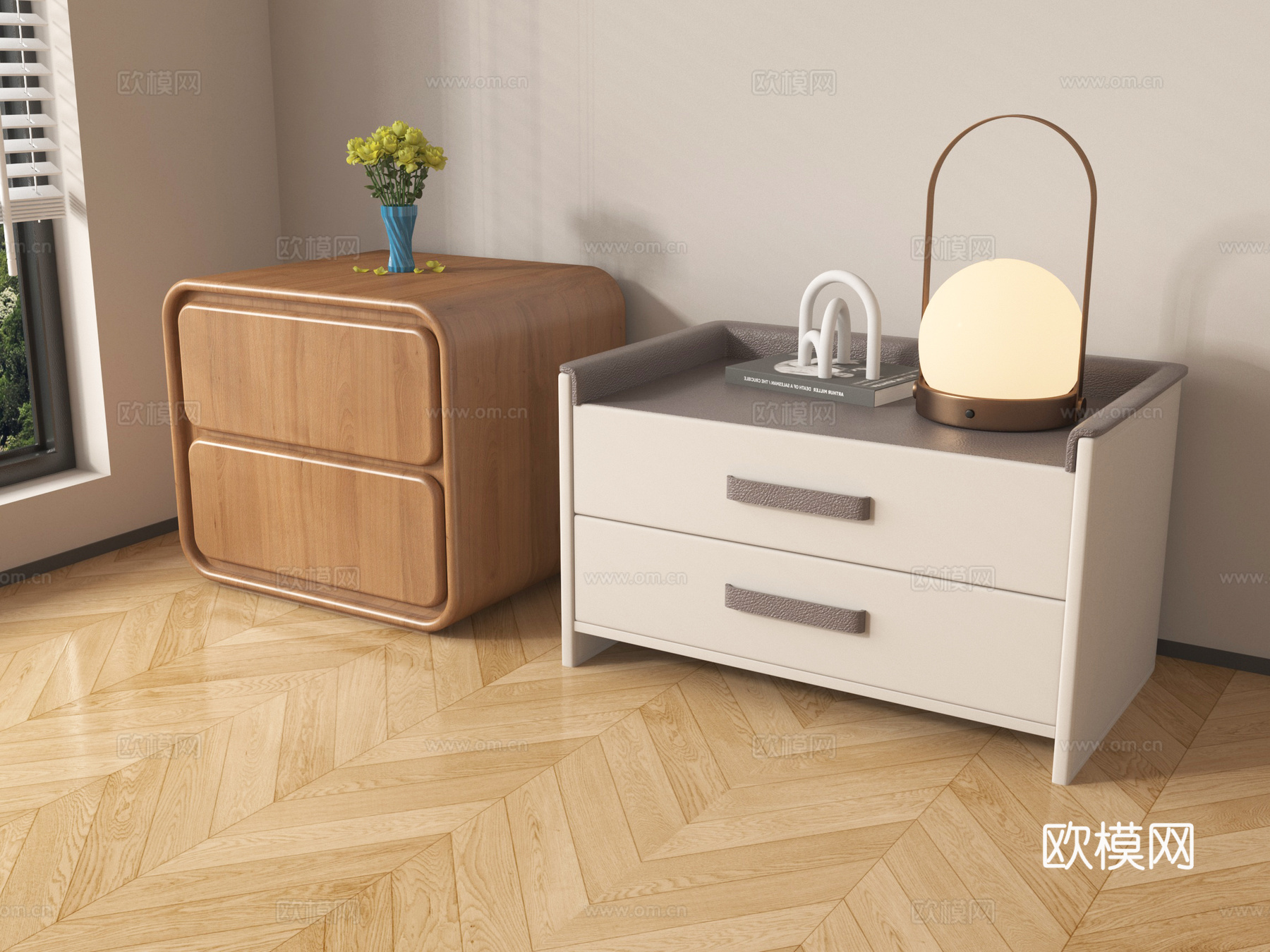 北欧奶油风床头柜 实木抽屉床头柜 摆件su模型