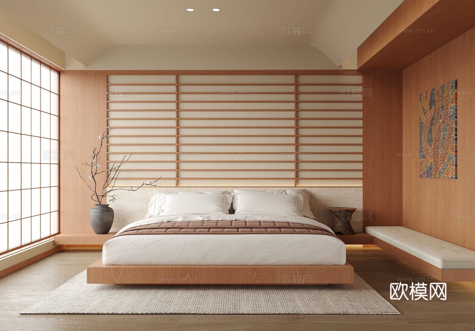 日式卧室 双人床免费su模型