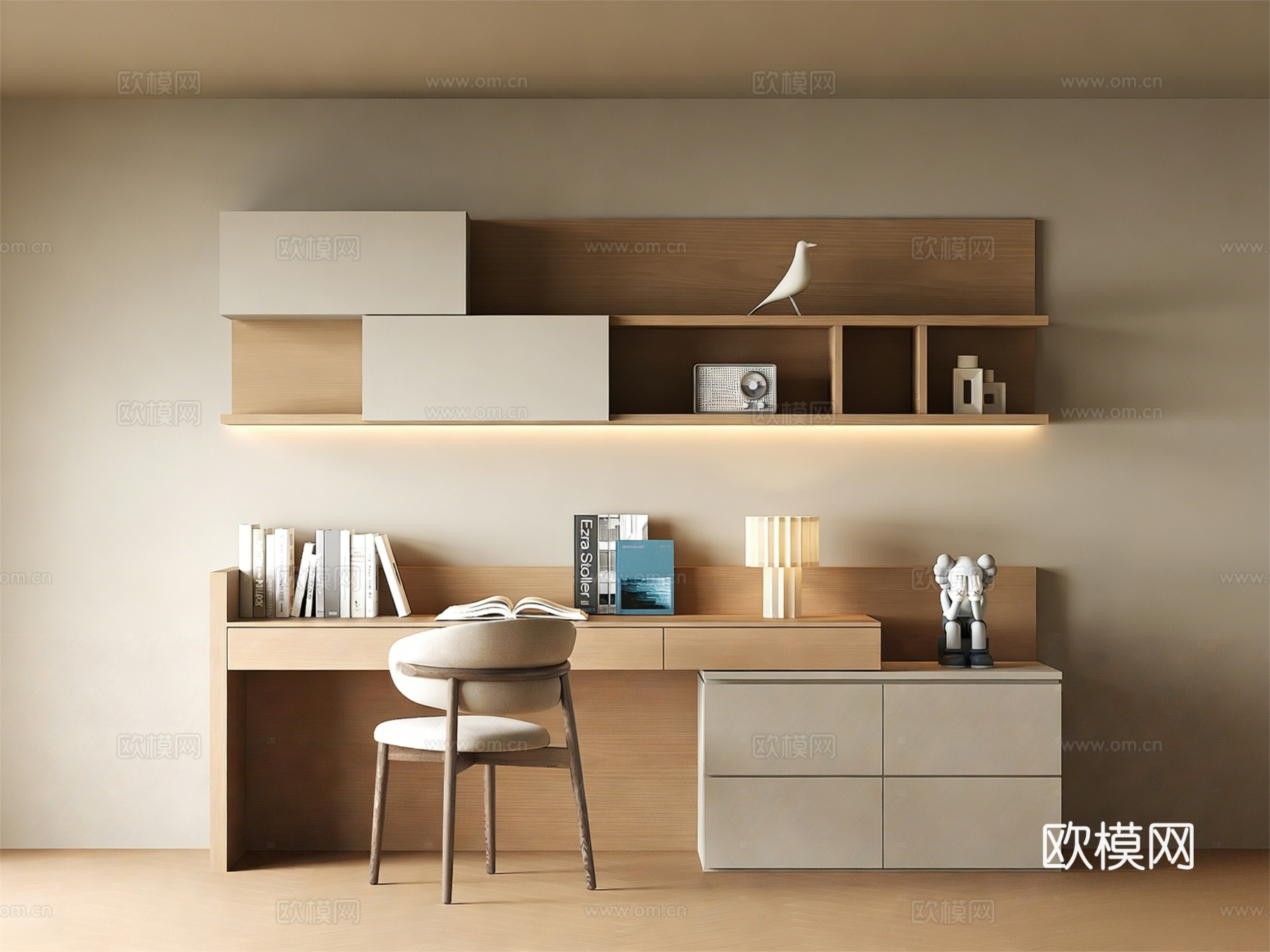 现代书桌一体柜 办公桌椅 书架 书籍su模型