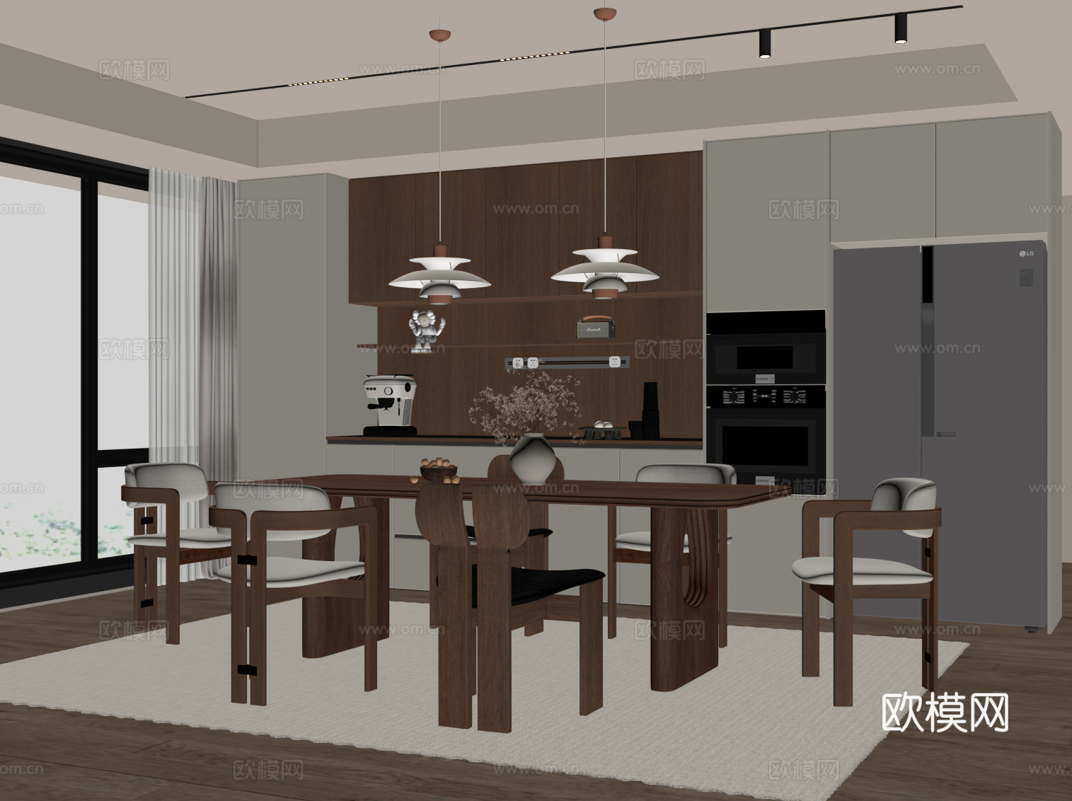 中古风餐厅 餐桌椅 备餐柜su模型下载（渲染图2）