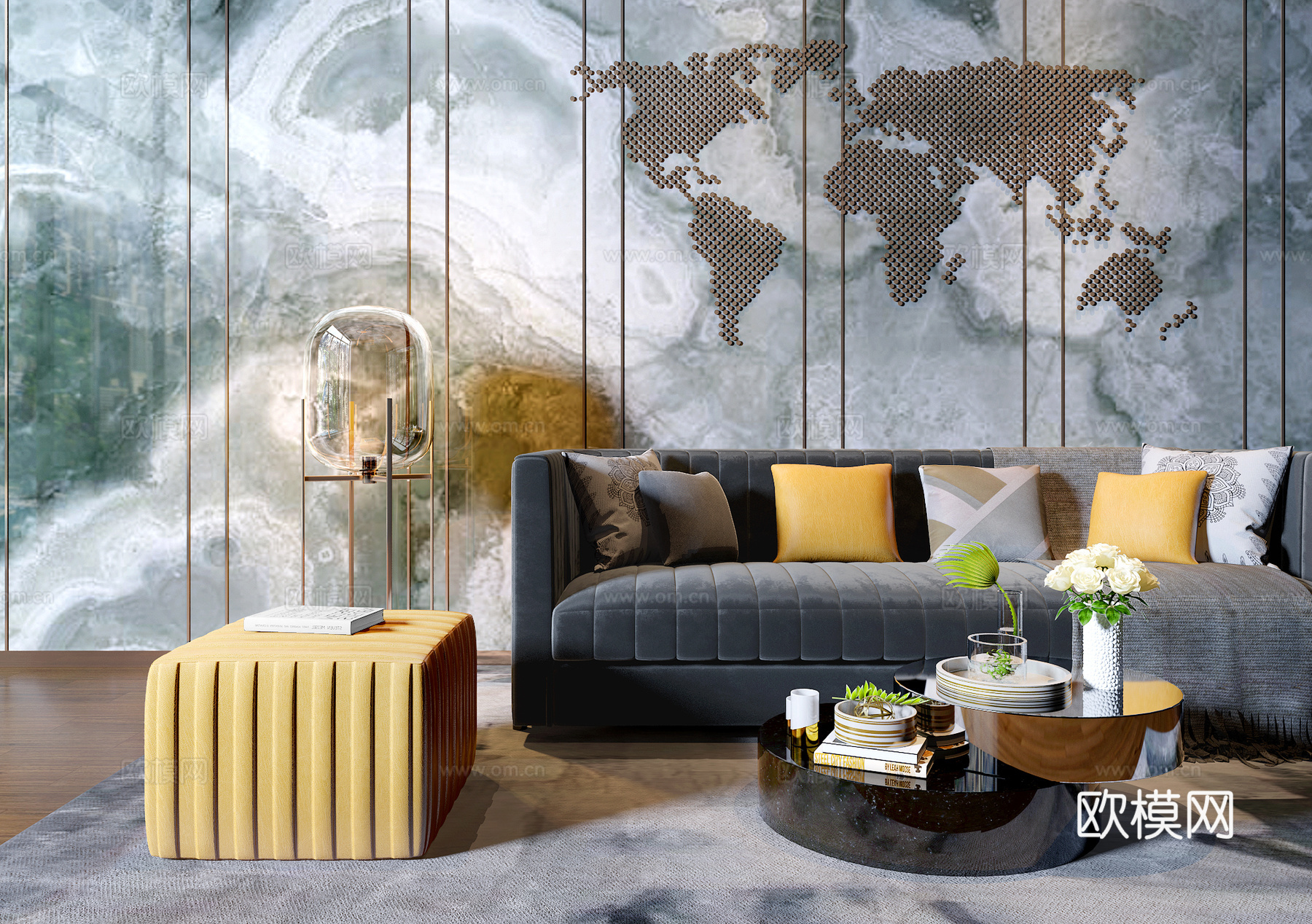 现代客厅 沙发茶几 挂件摆件3d模型下载（渲染图1）