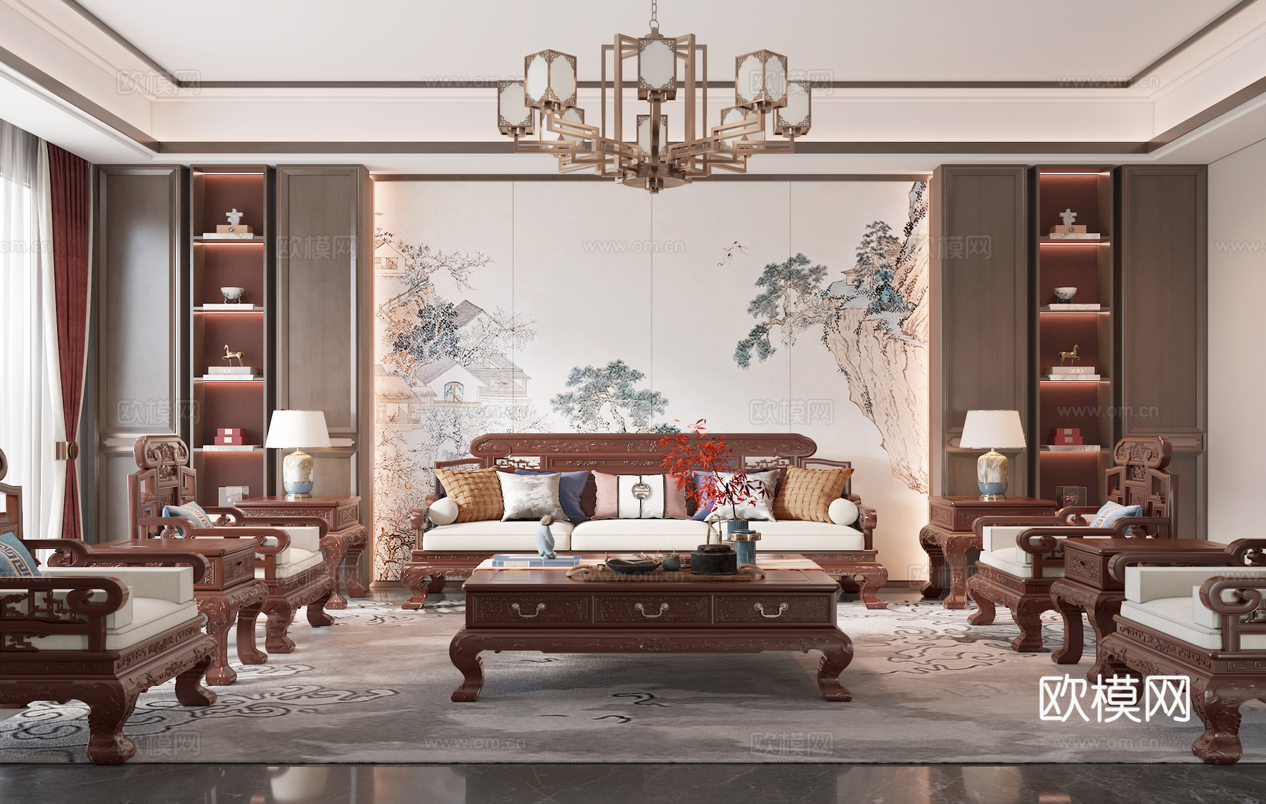 新中式客厅 客厅 实木沙发 中式沙发su模型