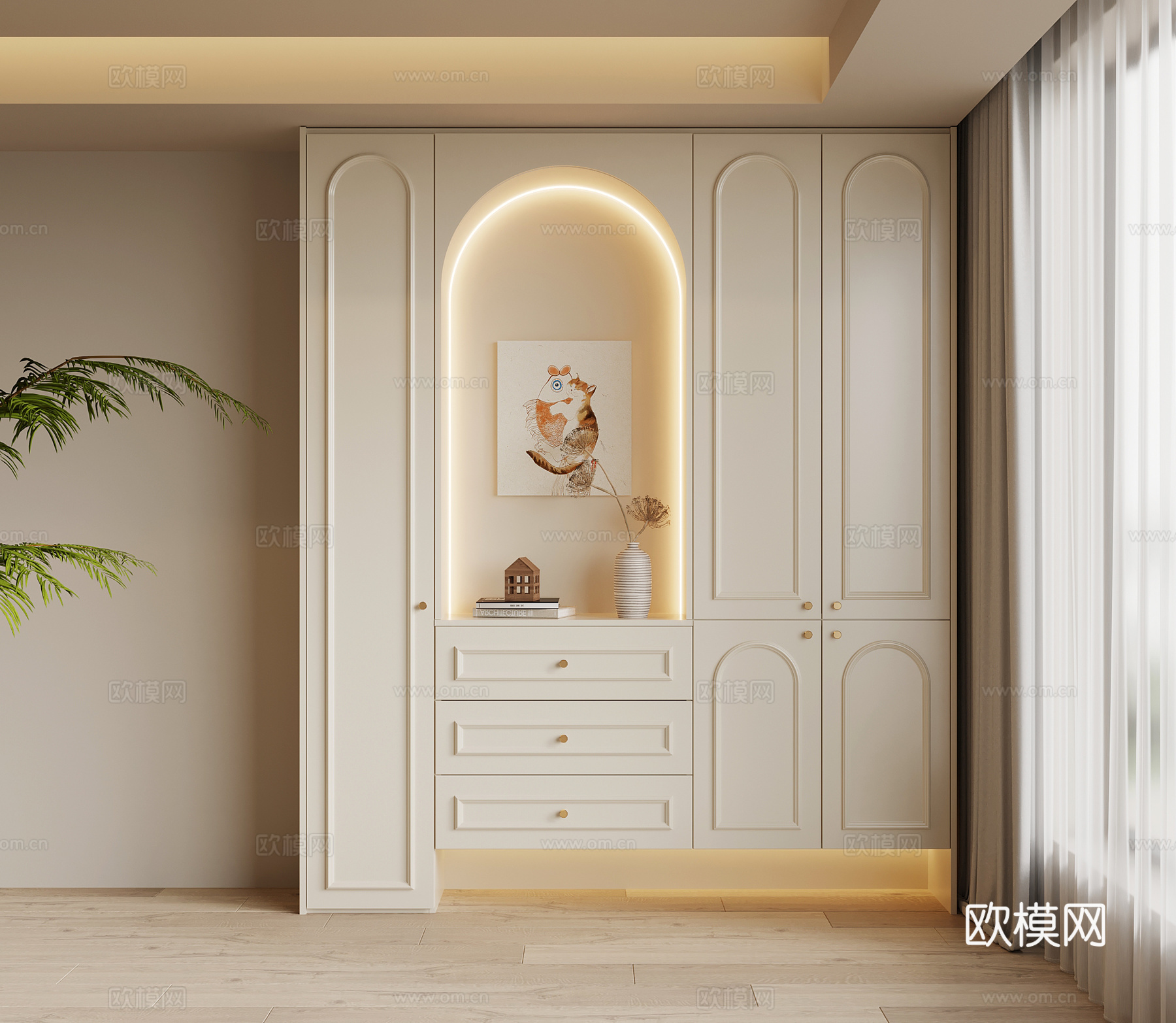 法式奶油风鞋柜 入户鞋柜su模型下载（渲染图1）