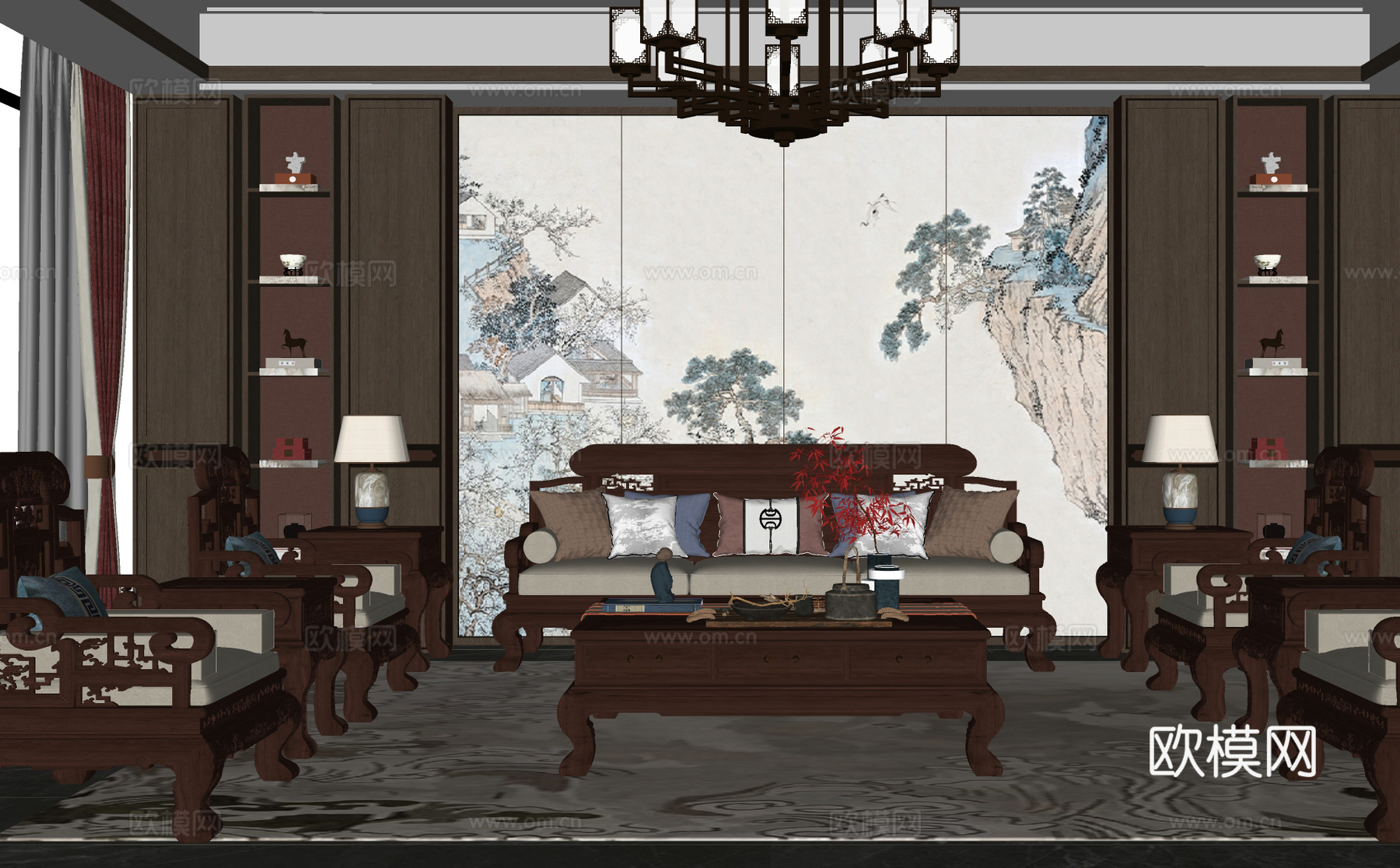 新中式客厅 客厅 实木沙发 中式沙发su模型