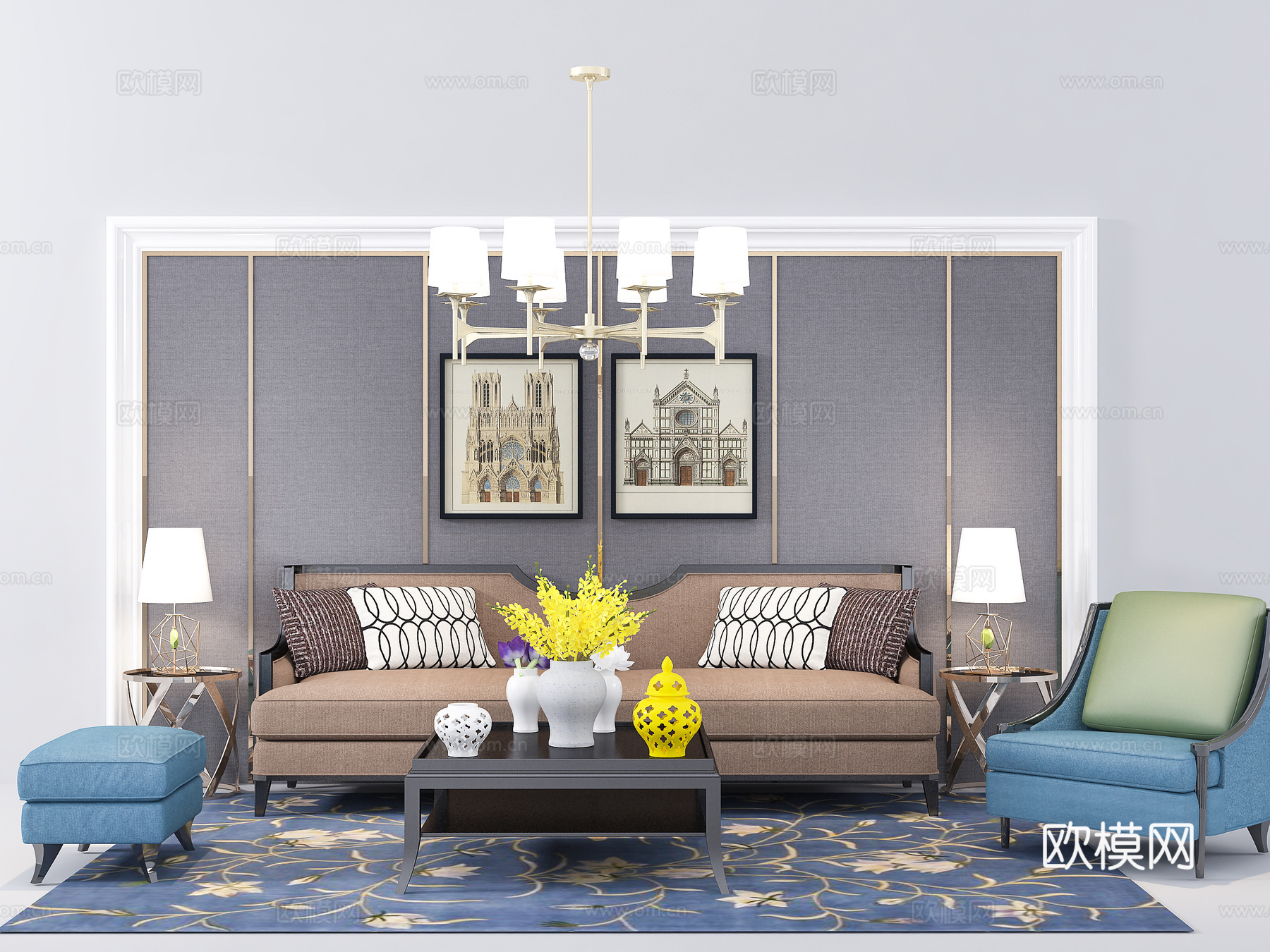 欧式简约双人沙发 休闲椅 矮凳  吊灯 背景墙  摆件3d模型下载（渲染图1）