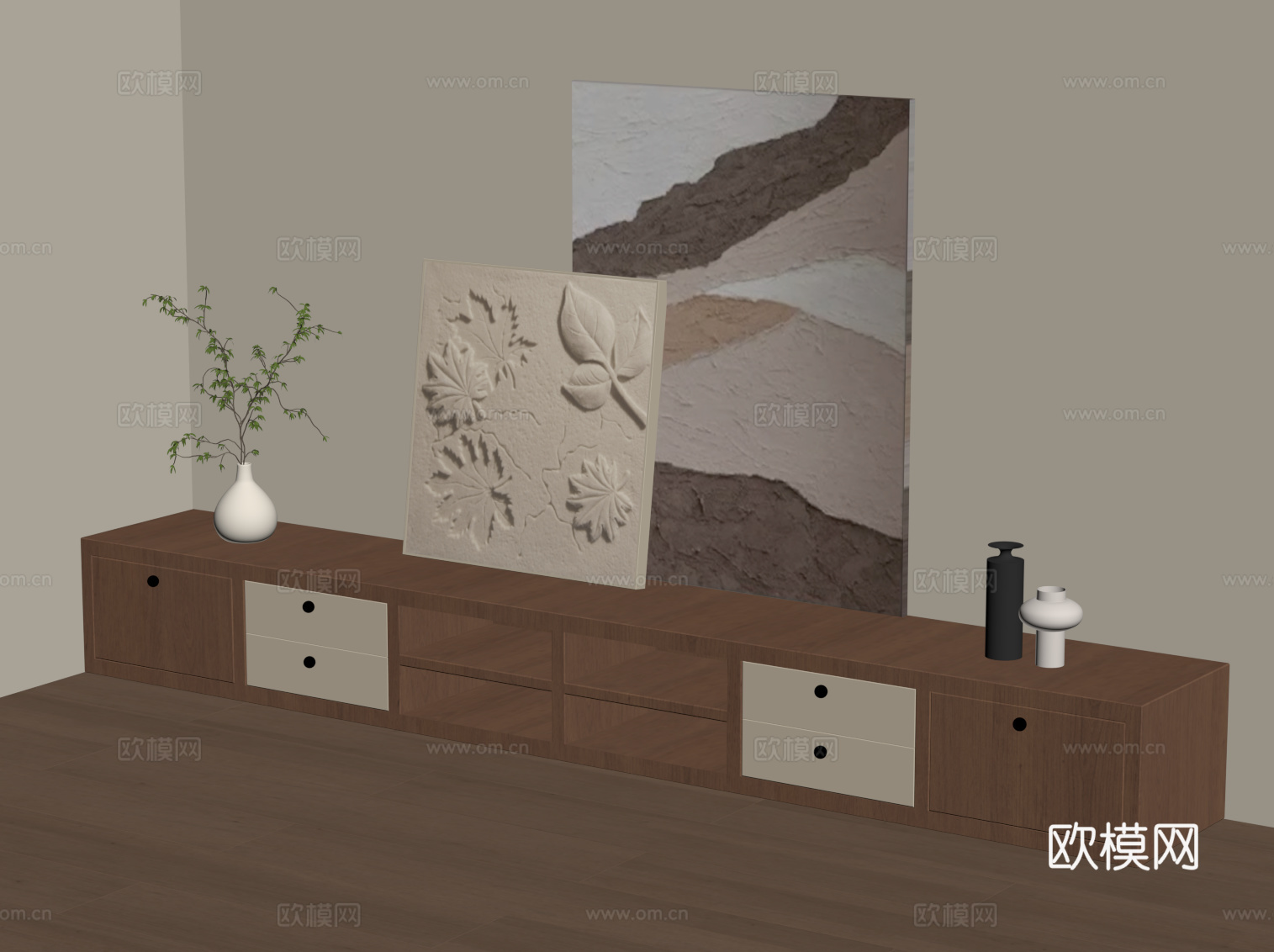 侘寂中古风电视柜 边柜su模型下载（渲染图2）
