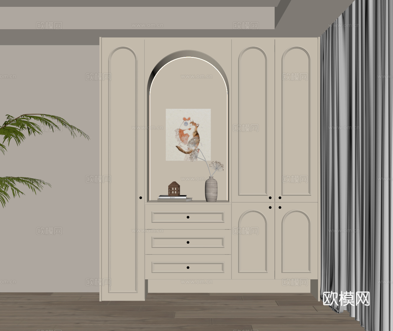 法式奶油风鞋柜 入户鞋柜su模型下载（渲染图2）