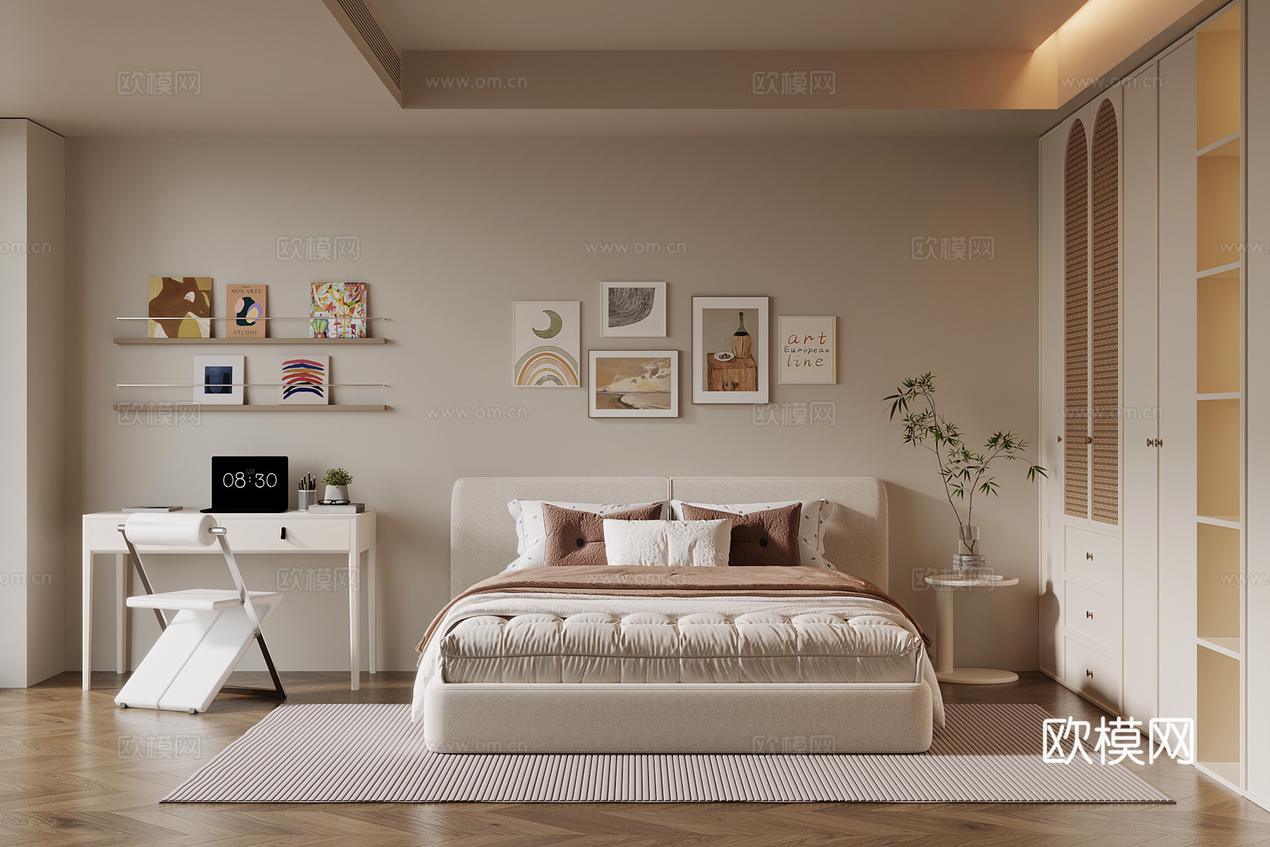 奶油风卧室su模型下载（渲染图1）