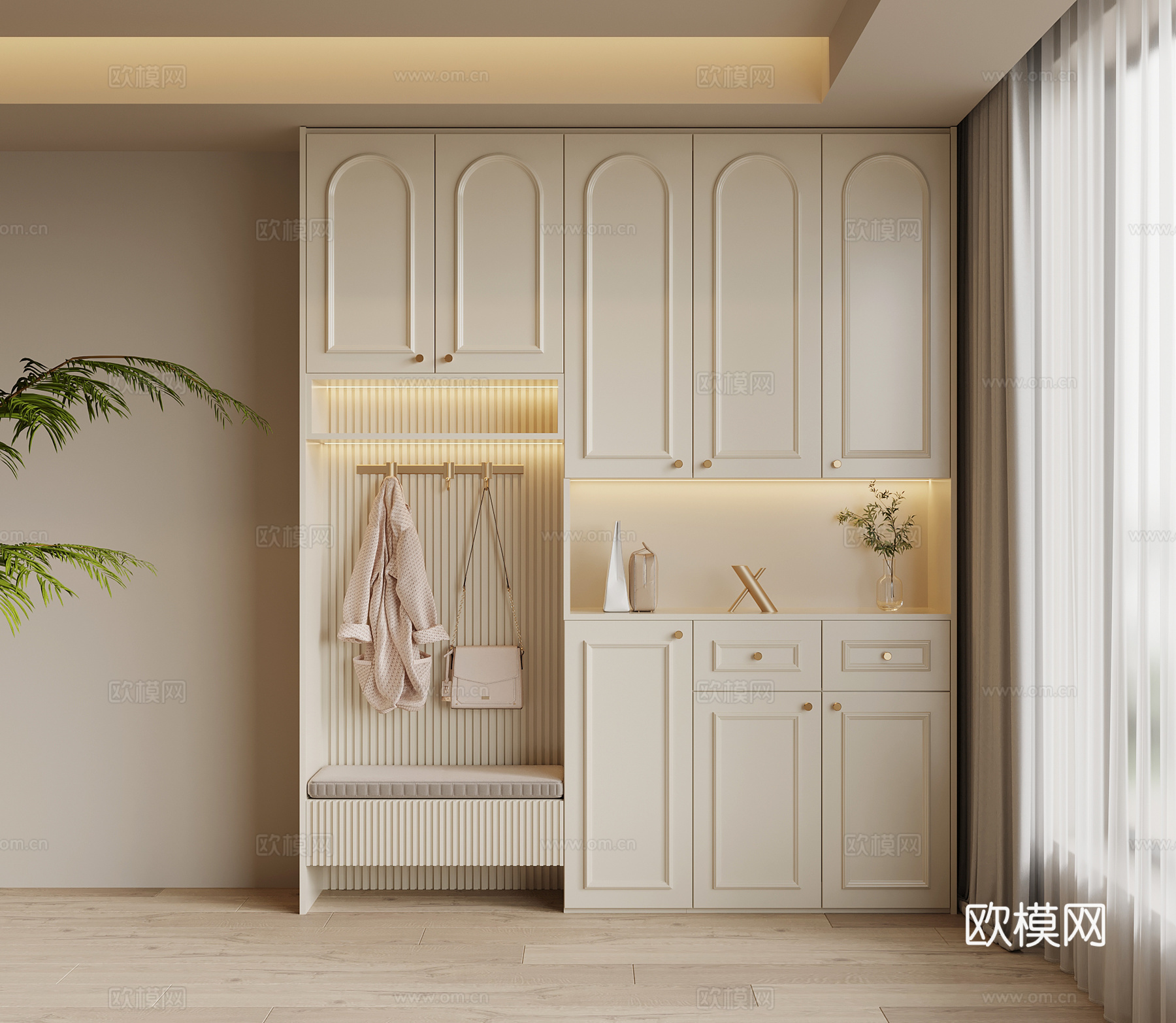 法式奶油风鞋柜 入户鞋柜su模型下载（渲染图1）