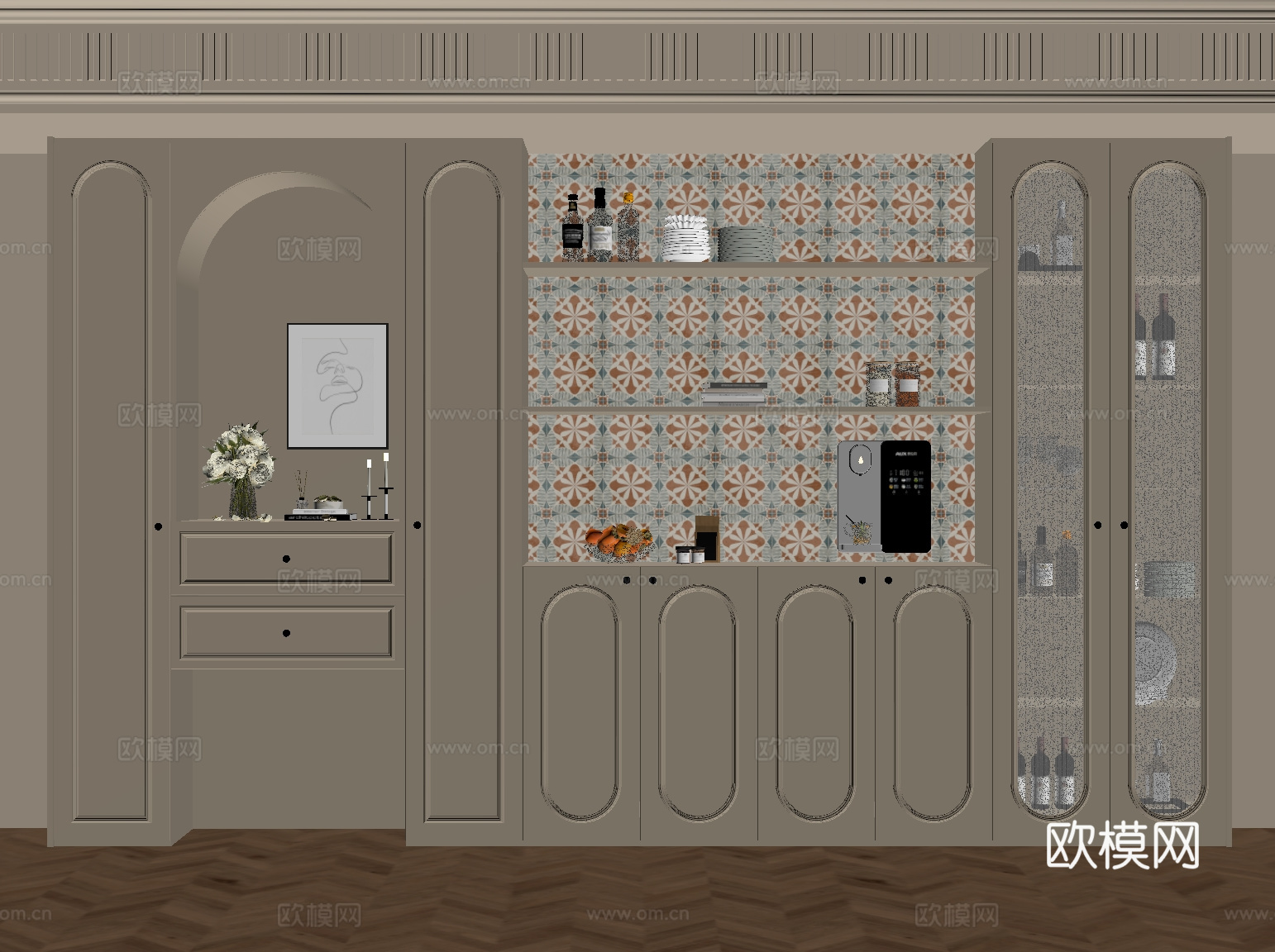 法式奶油风酒柜 餐边柜su模型