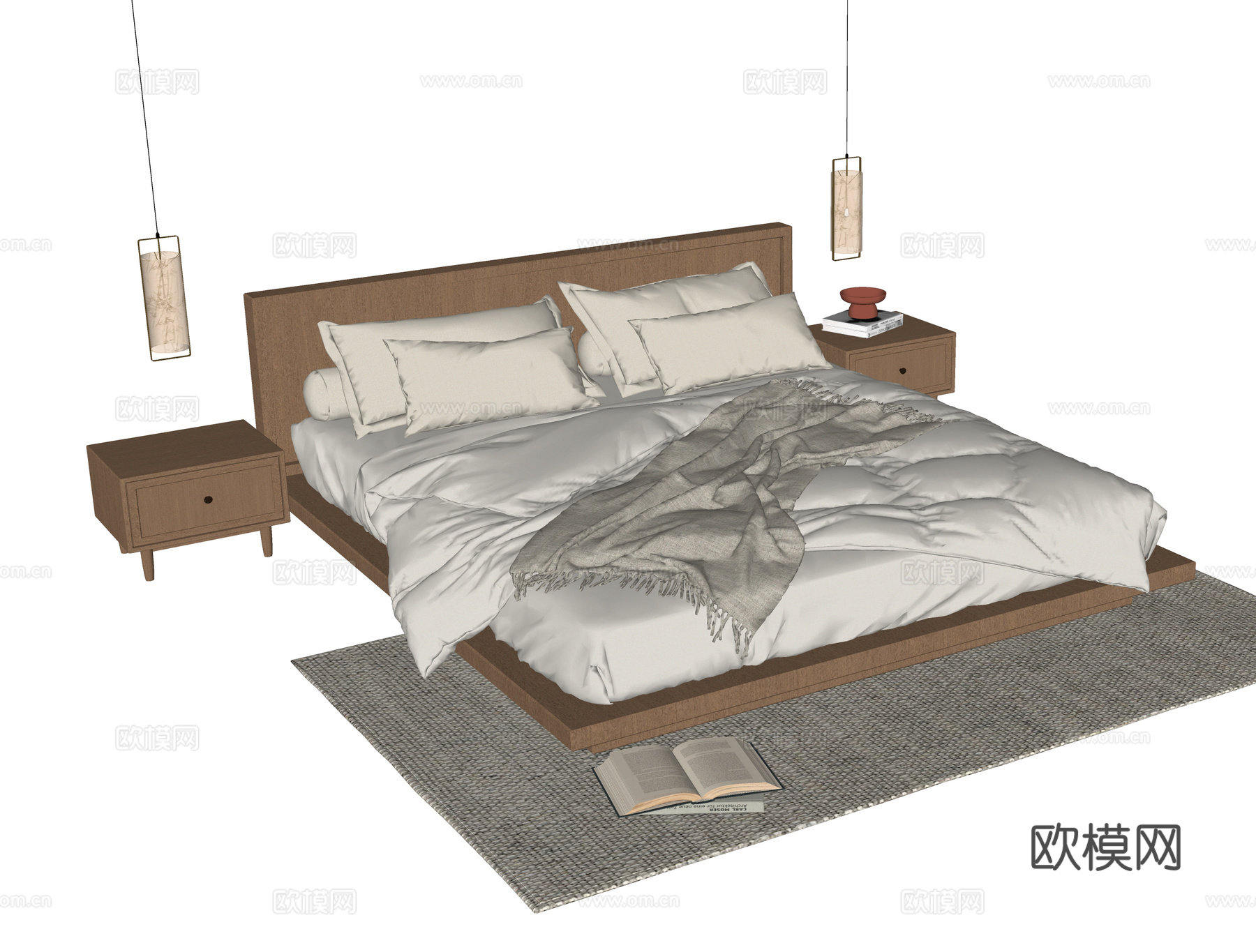 现代双人床 床头柜su模型