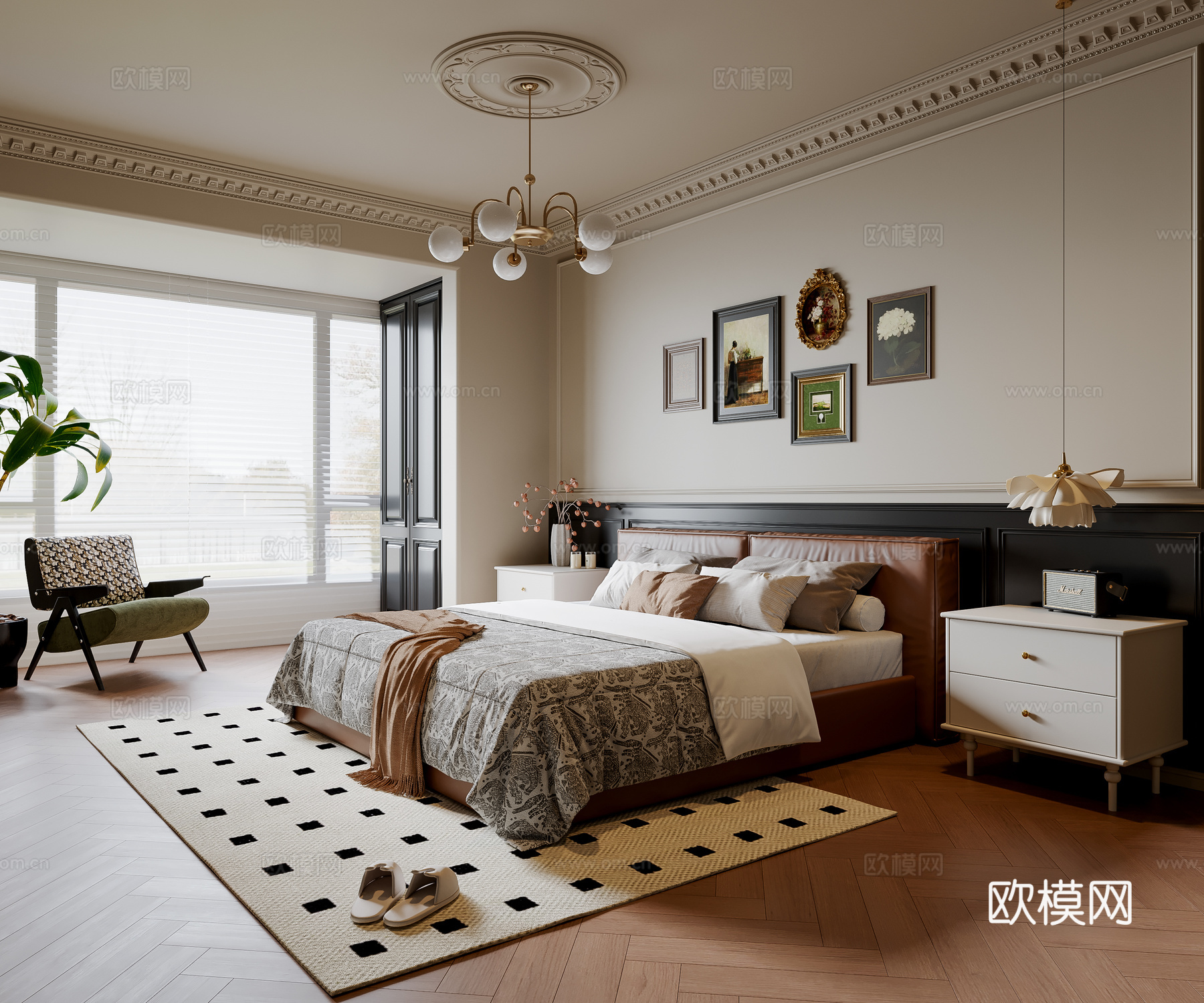法式中古风卧室 皮质双人床 床头柜 吊灯 挂画 地毯su模型