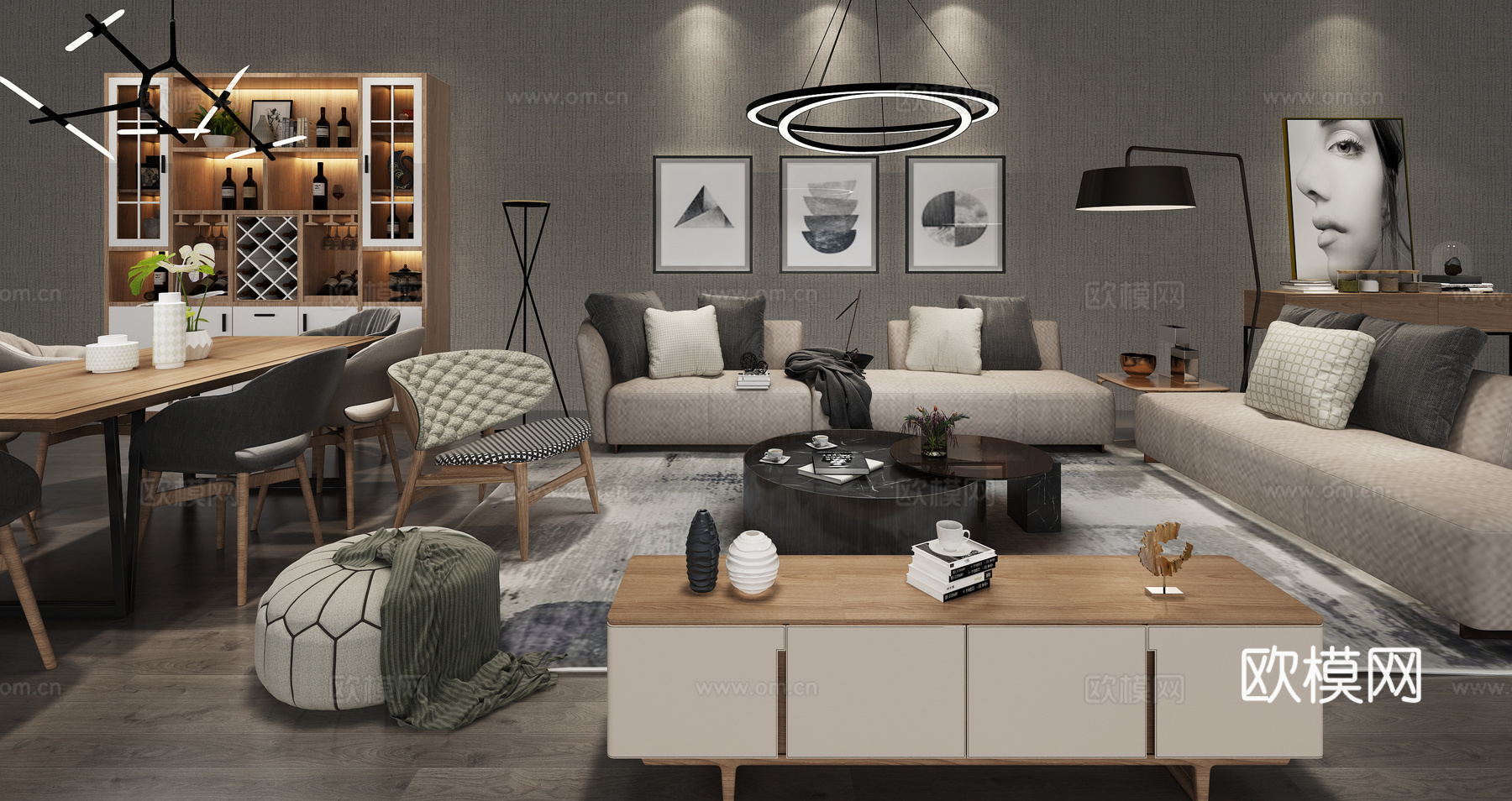 现代北欧沙发组合 吊灯 挂画 橱柜 装饰柜 餐桌椅3d模型下载（渲染图1）