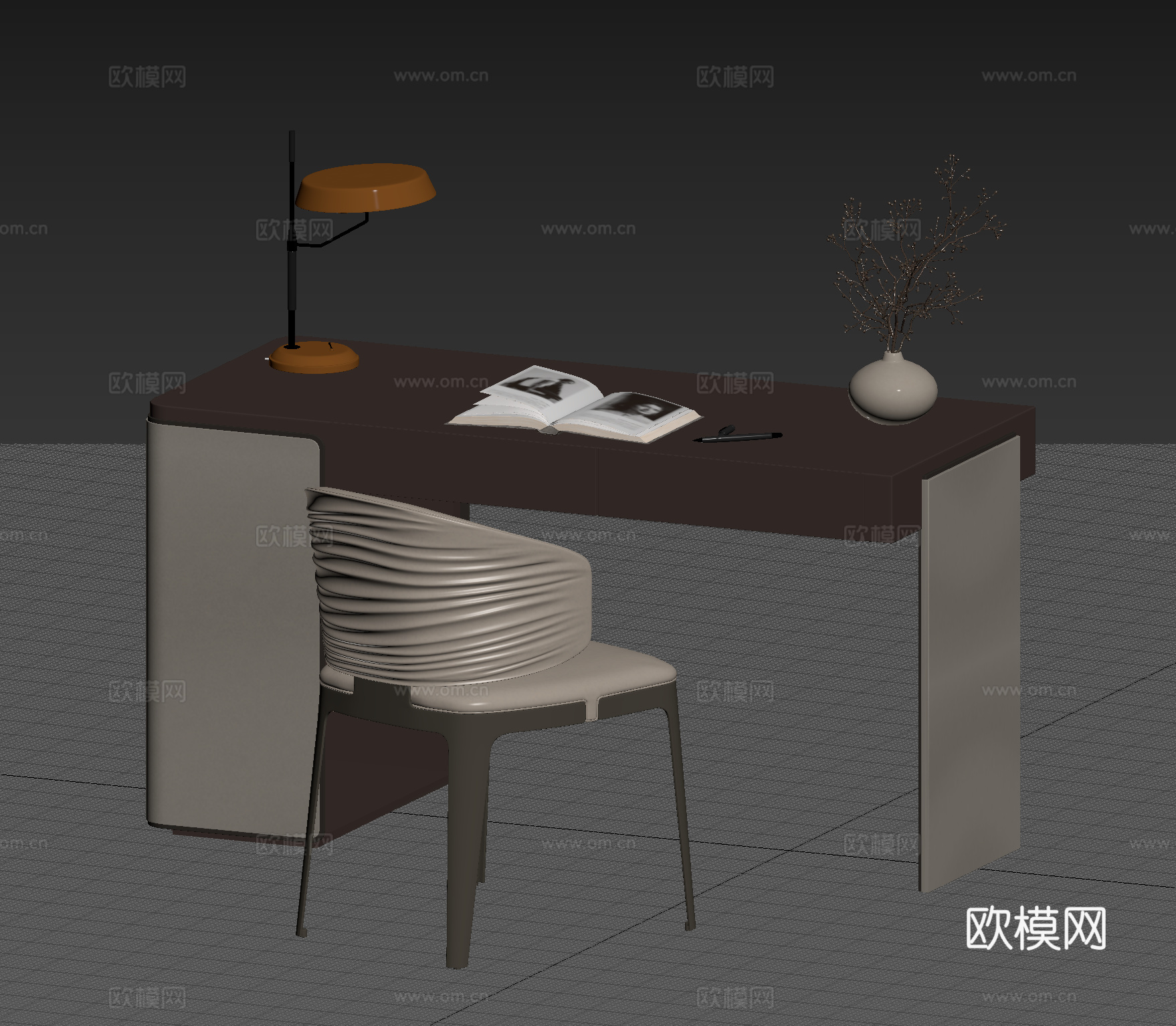 现代意式轻奢书桌椅 办公桌椅 台灯 摆件su模型
