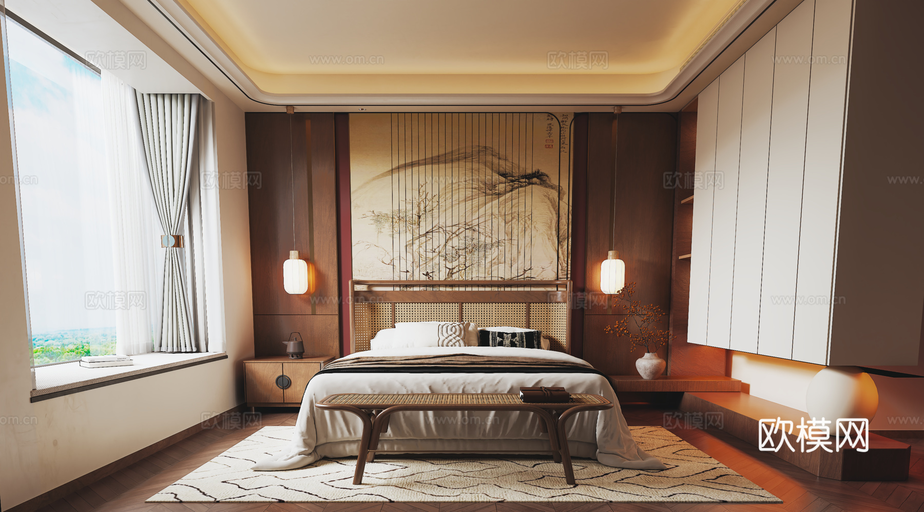 宋式卧室 宋式衣柜 双人床su模型