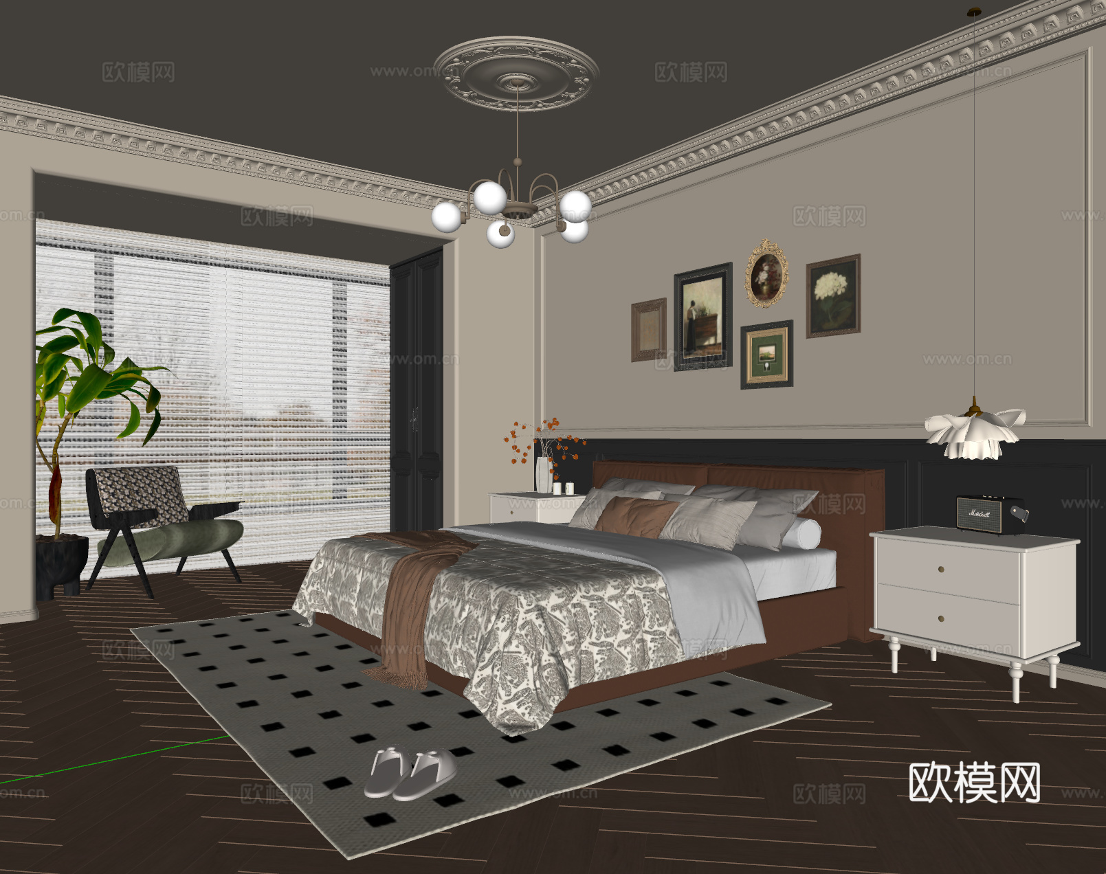 法式中古风卧室 皮质双人床 床头柜 吊灯 挂画 地毯su模型